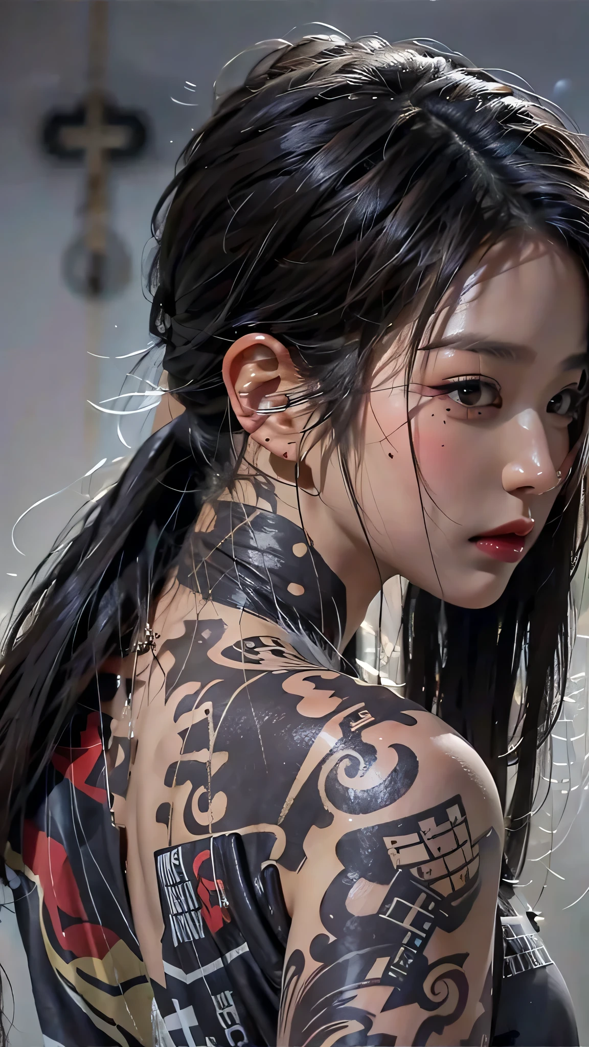 photorealistic, high resolution, soft light,1women, solo, hips up, (detailed face), jewelry, tattoo,black mafia clothing, ponytail hairstyle, black hair, super long hair, looking viewers, tatto, messy hair, close up, small breast, adult