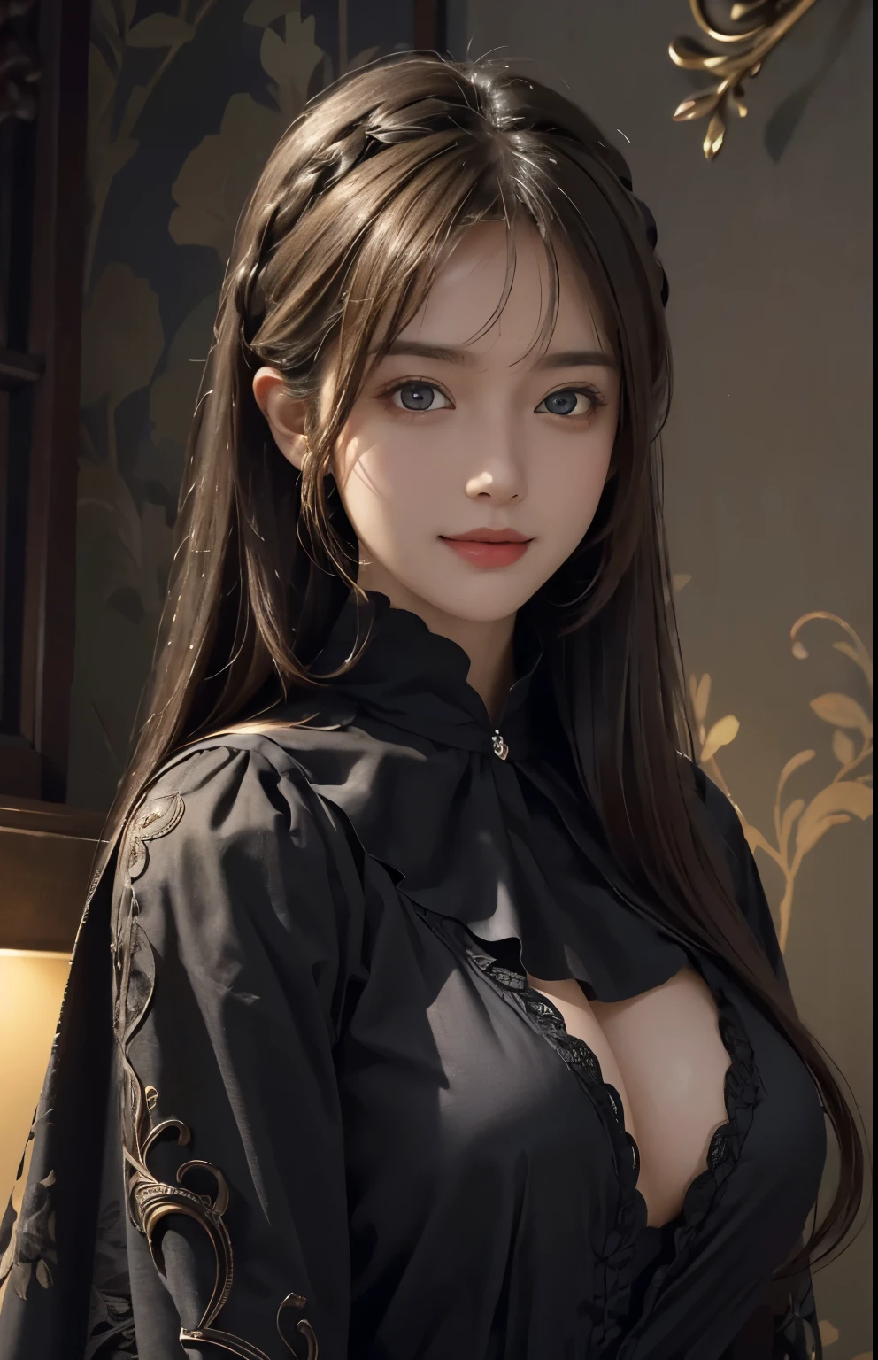 (Ultra Realistic), (Illustration), (Increased Resolution), (8K), (Extremely Detailed), (Best Illustration), (Beautiful and Detailed Eyes), (Best Quality), (Ultra Detailed), (Masterpiece ), ( wallpaper), (detailed face), solo, 1 girl, looking at viewer, fine details, in the dark, deep shadows, low key, pureerosfaceace_v1, smiling, long straight hair, black shawl , 46 points oblique bangs，plump breasts