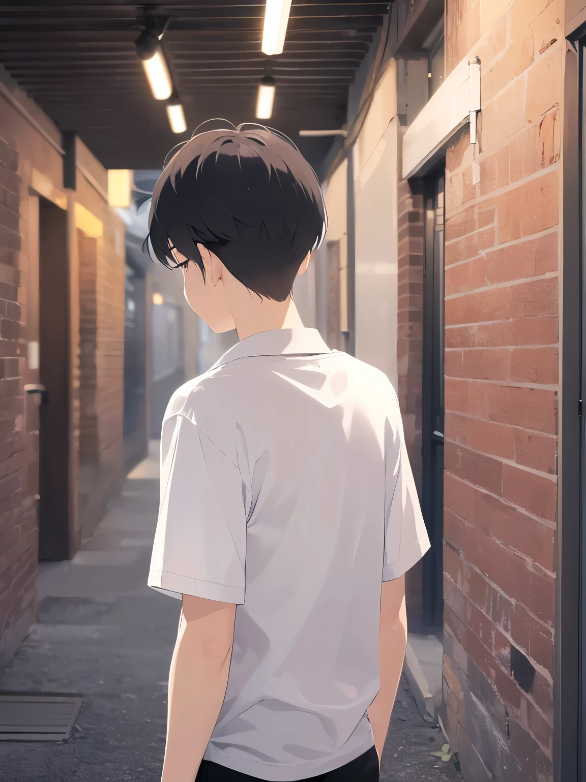 back view、Upper Body, masterpiece、highest quality、25 year old man with short black hair, wearing a white shirt、Are standing、 background is outside、(Alone:2)