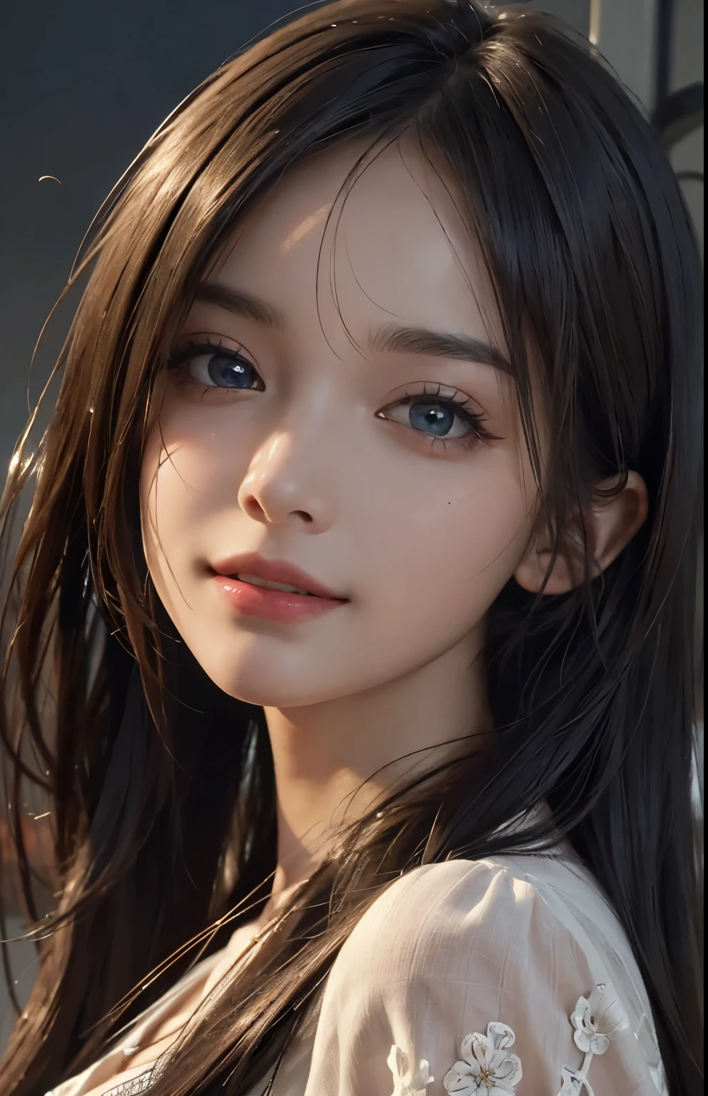 (Ultra Realistic), (Illustration), (Increased Resolution), (8K), (Extremely Detailed), (Best Illustration), (Beautiful and Detailed Eyes), (Best Quality), (Ultra Detailed), (Masterpiece ), ( wallpaper), (detailed face), solo, 1 girl, looking at viewer, fine details, in the dark, deep shadows, low key, pureerosfaceace_v1, smiling, long straight hair, black shawl , 46 points oblique bangs,plump breasts
