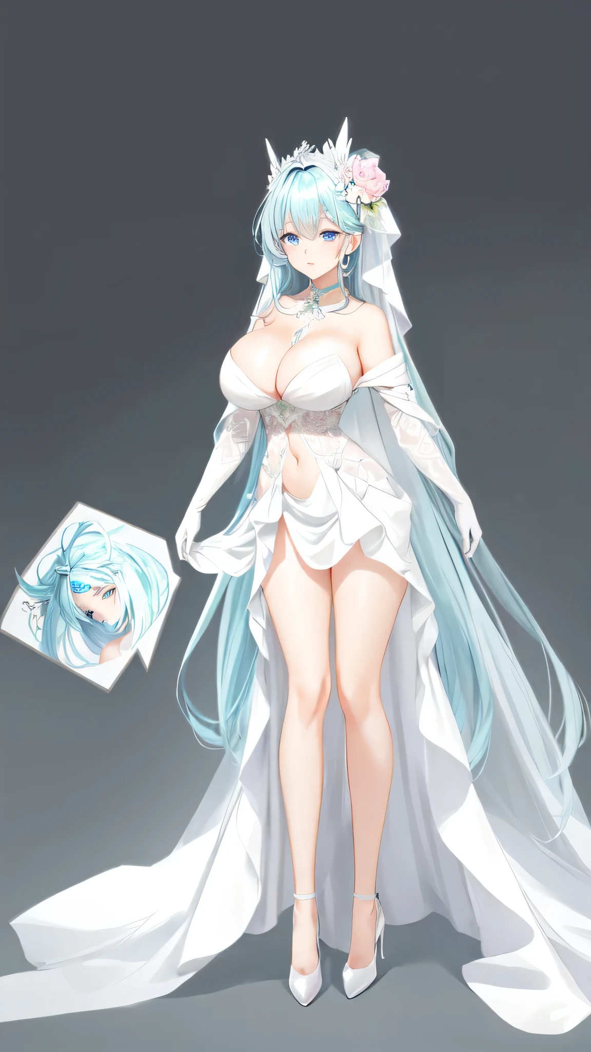 Anime - stylish image of the bride in a white wedding dress., full concept,  dressing, Cute anime waifu in beautiful outfits.., clear costume design, detailed full concept, Cell - Shaded Art Style, Pixive 3DCG, Full commission for, anime goddess, pixie style, Made with Anime Painter Studio.., Nico wore white..,((long hair reaching the length of the legs,Cool hair color,hair flower)),((perfect face,perfect eyes,blue eyes,Thick eyelashes,pink-red eyelids,pinkish red lips,blushing)),((open shoulder,collarbone,big breasts,Chest circumference 115,K cup breasts,navel,abdomen,big thighs,long, Slender legs,high-heels,Height 180cm.)),((((The most perfect hands)))),(((wallpapers,Lawn area,big house background