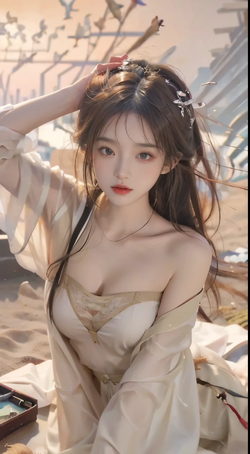 (masterpiece, best quality:1.2), 1girl, solo, ((bare shoulders)), (actual:1.37), ((lying on a beach)), ((Bird&#39;s eye view shot)), Sweet maiden, beautiful妆容, Exquisite makeup, Extremely beautiful eyes, long hair, curls, slim body, ((big breasts, Big breasts, cleavage)), Sexy slender legs, The skirt is short, Leaking sexy legs, elegant posture, best quality, correct, correct的手, correct的腿, 解剖学correct, official art, complex, detail的脸, detail, lifelike, Very detailed, amazing, beautiful, Young and energetic, Charming model, Meticulous CG Uniform 8k wallpaper