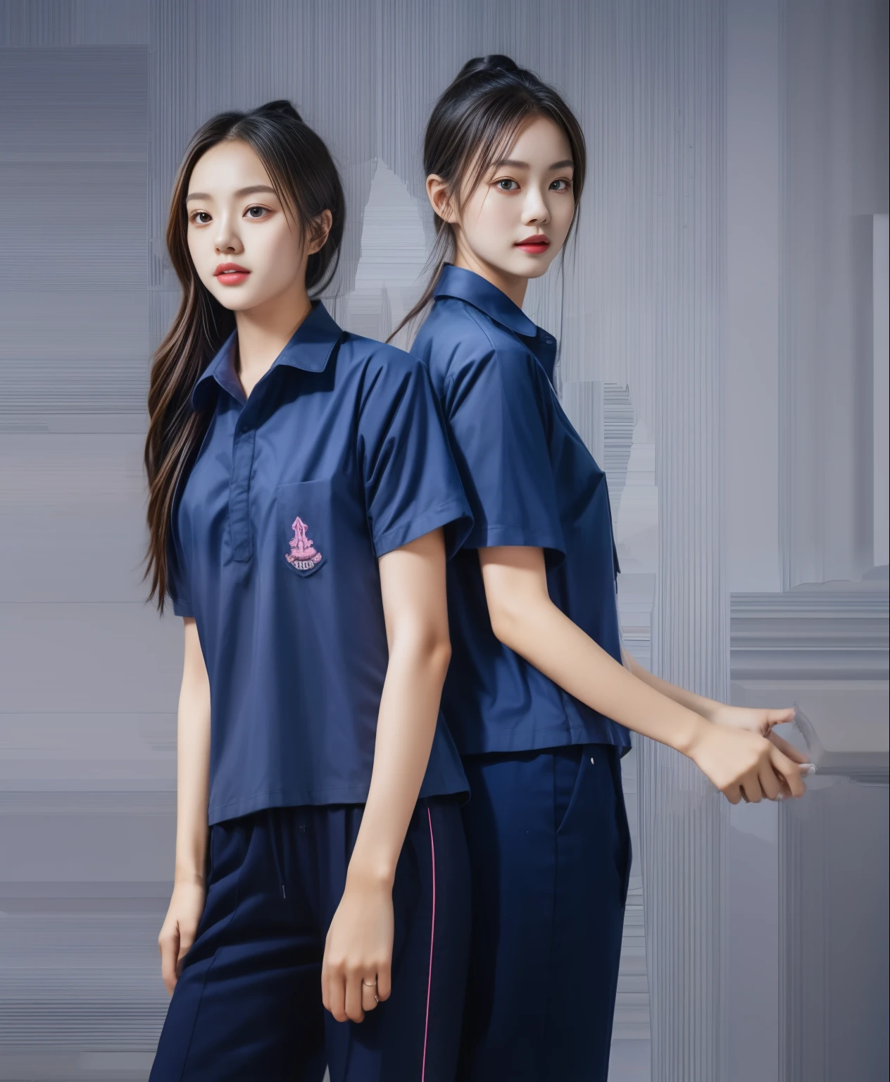 (best quality,10,10,height,Masterpiece:1.2),Special details,(realistic,ภาพrealistic,Realistic photos:1.37),1 Cute girl in the kitchen,shiny, ผิวshiny,only,smile softly,BDclothelue shirt:1.3)),short sleeve,shirt, กางเกงขาlong.,(navy_long_track pants:1.1), ((Kitchen Background)),Dynamic angle,excited,Face focus,dynamic poses,from behind,focus on ass,Masterpiece, best quality, ultra realistic, Too many details, 8k resolution, raw photos, Sharp focus, ((Navy blue shirt:1.1)), short sleeve, เส้นทางlong, perfect body, 2 mature women, 18 years old, Cinema-grade lighting system,blue sweatpants,shirtผ้าออกกำลังกาย,correct anatomy,perfect body, correct body, Sharp face, correct bodyทางกายวิภาค, full body, realistic gestures, long-haired, realistic poses,Wear long shorts...........................,ช่วงขาlong,Good shape,carved girl, Slender figure, model, Good shape, beautiful body,blue sweatpants, two girls kissing