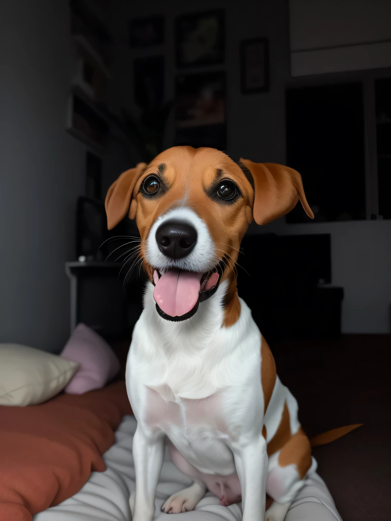 there is a dog sitting on the bed with its tongue sticking out, jack russel terrier surpreso, he is very happy, feliz com a boca aberta, very excitado, mocking the camera, with a happy expression, cachorro jack russel, excitado, cara boba e fofa, she is smiling and excitado, taken with sony a7r camera