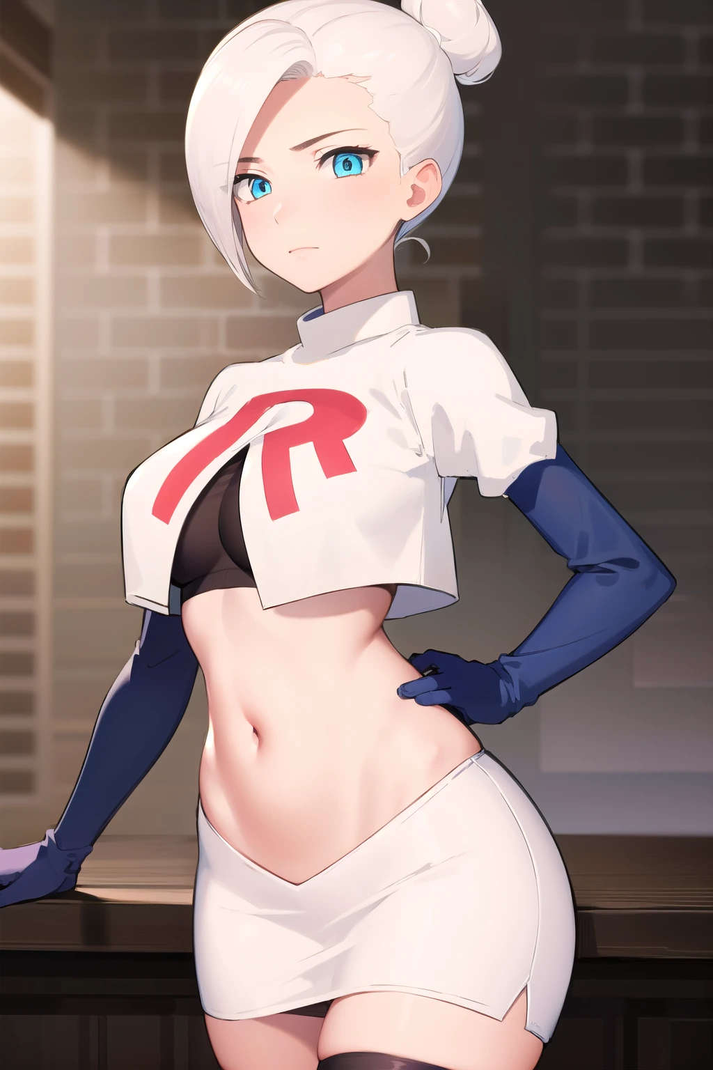 winterschnee, winter schnee, blue eyes, white hair, hair bun, single hair bun,
BREAK team rocket,team rocket uniform, red letter R, white skirt,white crop top,black thigh-highs,black elbow gloves
BREAK looking at viewer, (cowboy shot:1.5),
BREAK (masterpiece:1.2), best quality, high resolution, unity 8k wallpaper, (illustration:0.8), (beautiful detailed eyes:1.6), extremely detailed face, perfect lighting, extremely detailed CG, (perfect hands, perfect anatomy),