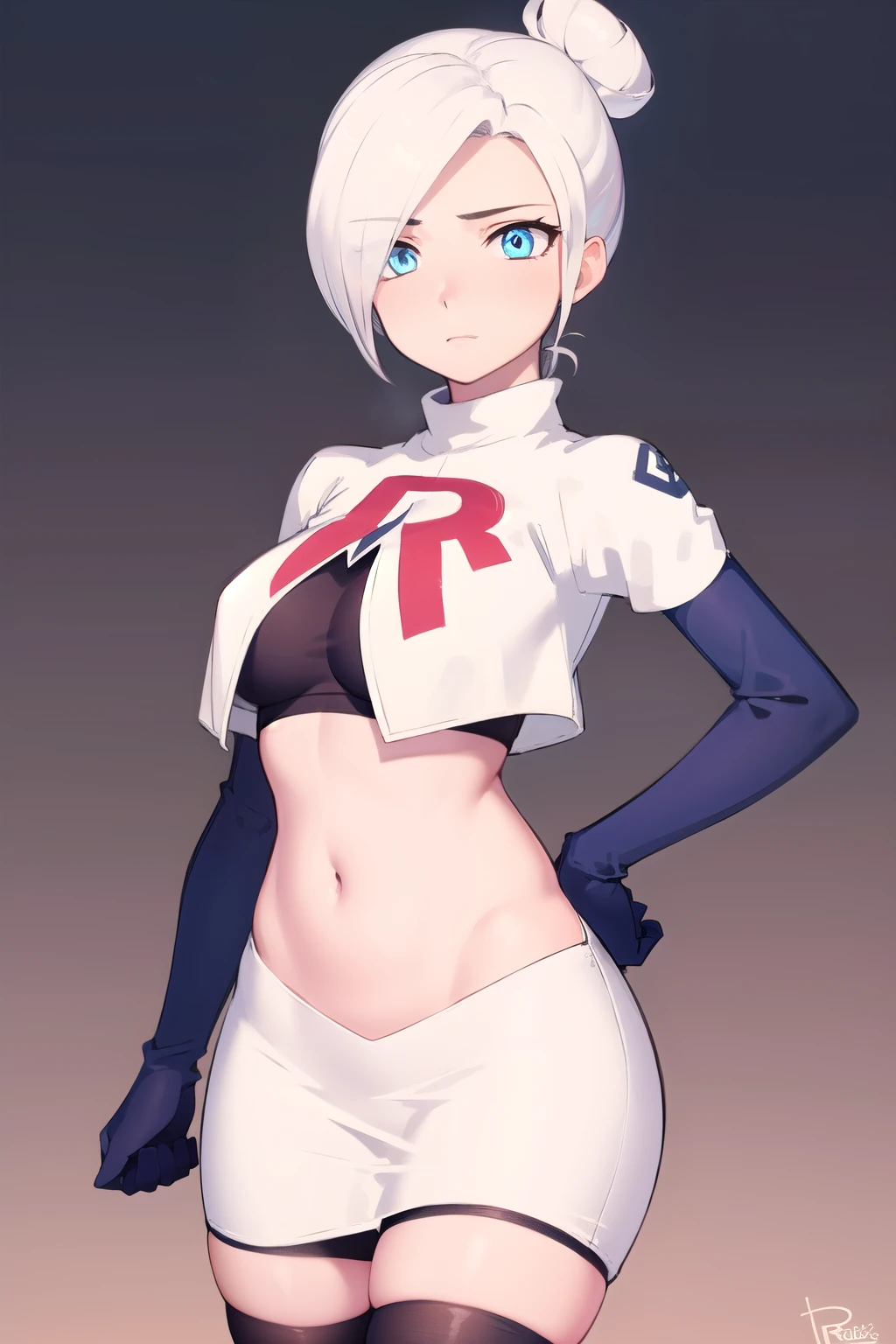 winterschnee, winter schnee, blue eyes, white hair, hair bun, single hair bun,
BREAK team rocket,team rocket uniform, red letter R, white skirt,white crop top,black thigh-highs,black elbow gloves
BREAK looking at viewer, (cowboy shot:1.5),
BREAK (masterpiece:1.2), best quality, high resolution, unity 8k wallpaper, (illustration:0.8), (beautiful detailed eyes:1.6), extremely detailed face, perfect lighting, extremely detailed CG, (perfect hands, perfect anatomy),