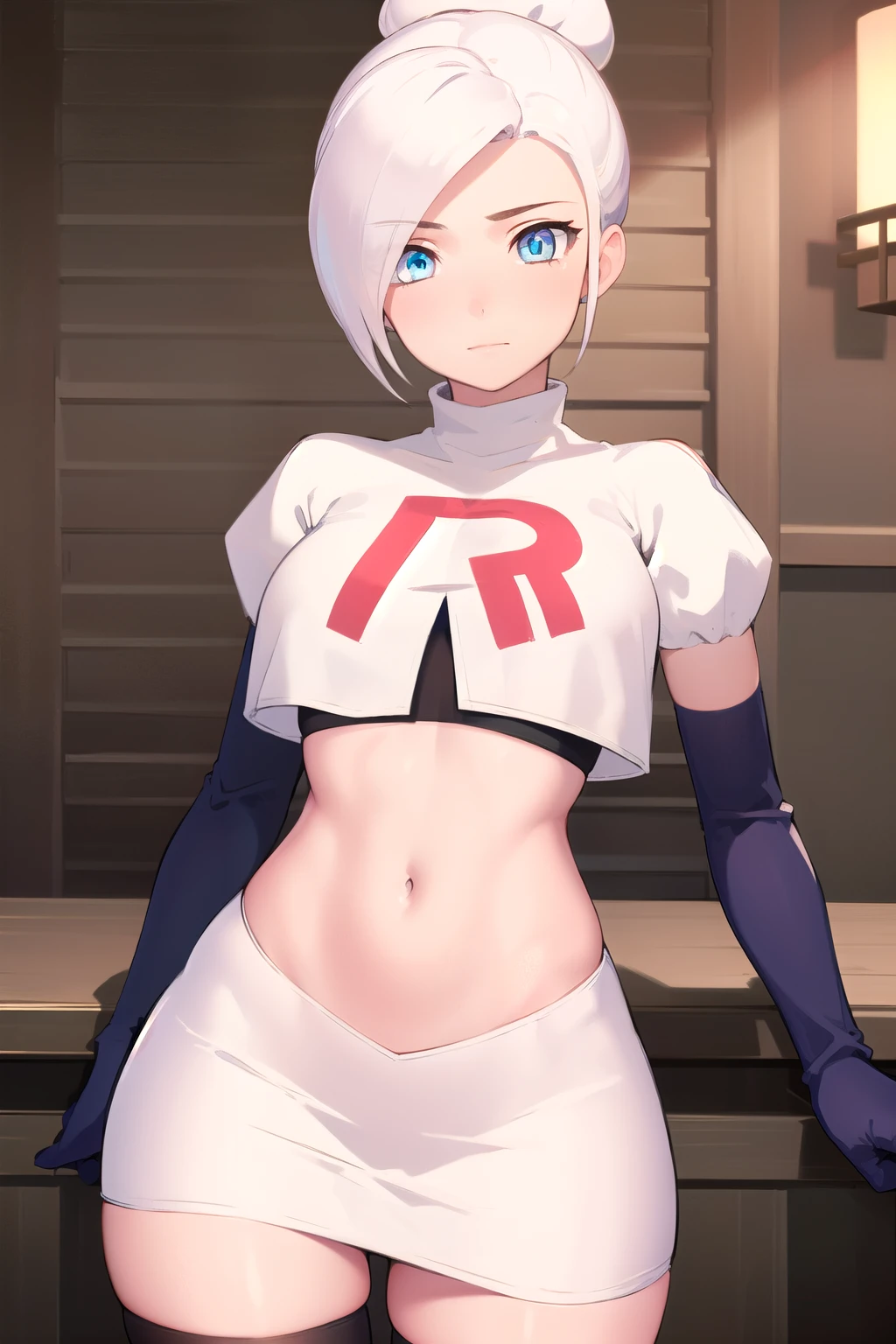 winterschnee, winter schnee, blue eyes, white hair, hair bun, single hair bun,
BREAK team rocket,team rocket uniform, red letter R, white skirt,white crop top,black thigh-highs,black elbow gloves
BREAK looking at viewer, (cowboy shot:1.5),
BREAK (masterpiece:1.2), best quality, high resolution, unity 8k wallpaper, (illustration:0.8), (beautiful detailed eyes:1.6), extremely detailed face, perfect lighting, extremely detailed CG, (perfect hands, perfect anatomy),