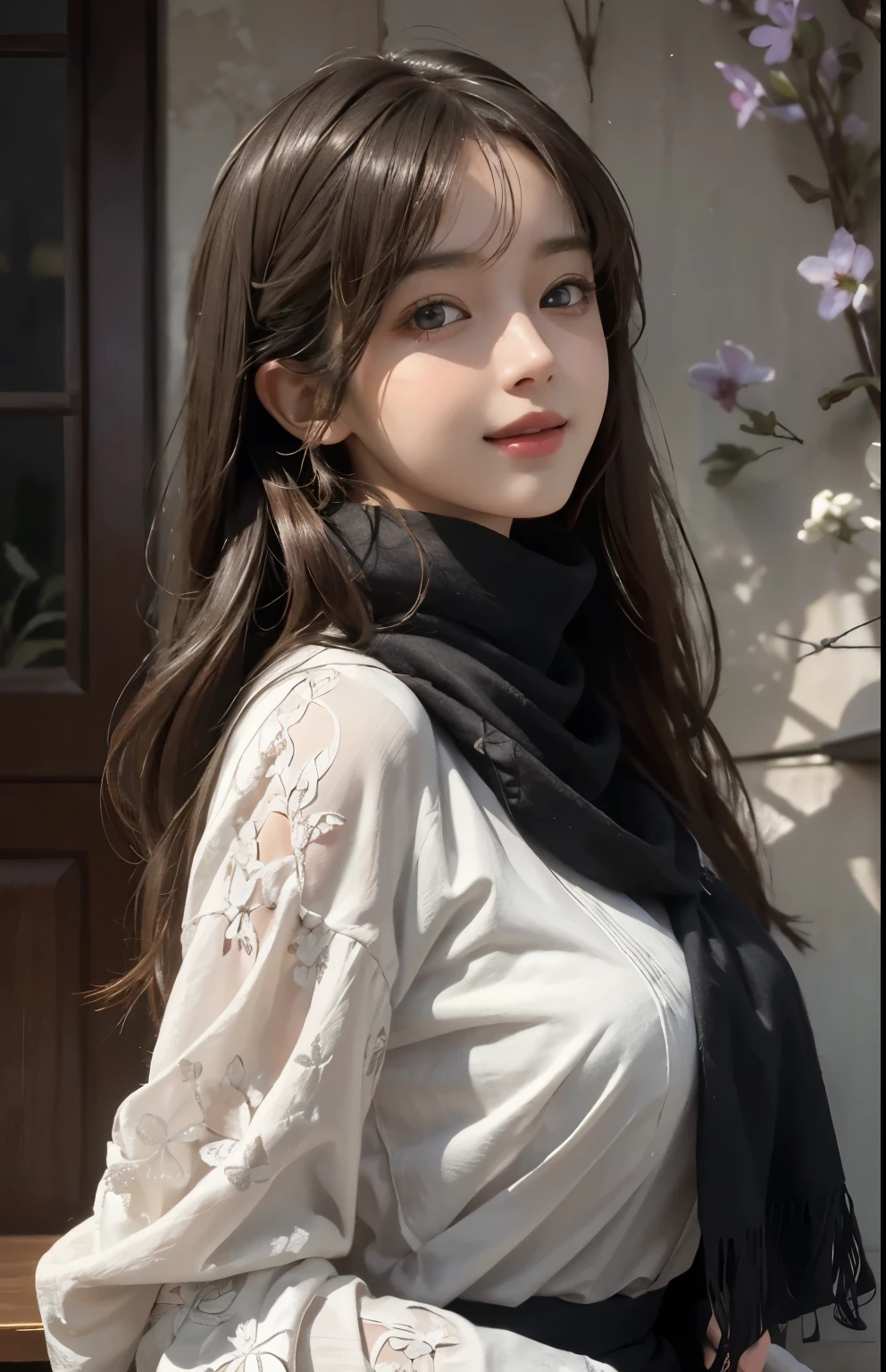 (Ultra Realistic), (Illustration), (Increased Resolution), (8K), (Extremely Detailed), (Best Illustration), (Beautiful and Detailed Eyes), (Best Quality), (Ultra Detailed), (Masterpiece ), ( wallpaper), (detailed face), solo, 1 girl, looking at viewer, fine details, in the dark, deep shadows, low key, pureerosfaceace_v1, smiling, long straight hair, black shawl , 46 points oblique bangs,plump breasts