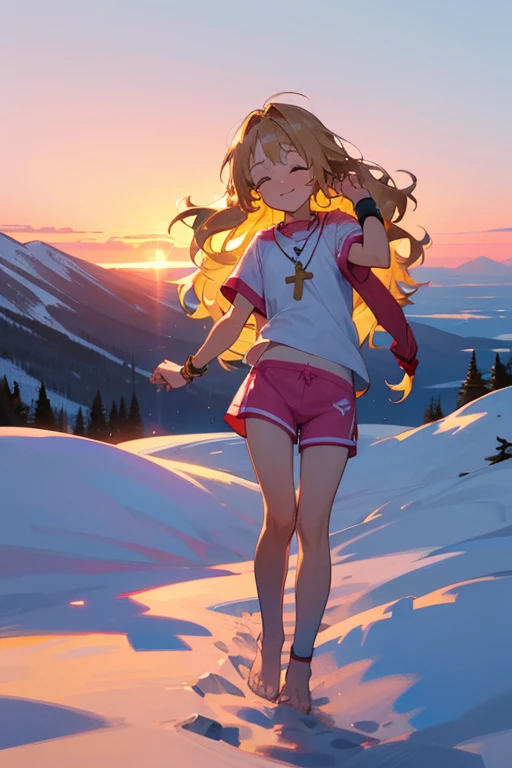 a cute 6 year old christian church girl named Zachary, brownish blonde hair, skinny, long wavy hair, in the arctic, wintertime, playing in the snow, short sleeved white sport jersey tshirt, pink shorts, cross necklace, Jogging, sunset, slight smile, wristbands, barefoot , eyes closed, hand details, feet details, at the summit of a mountain