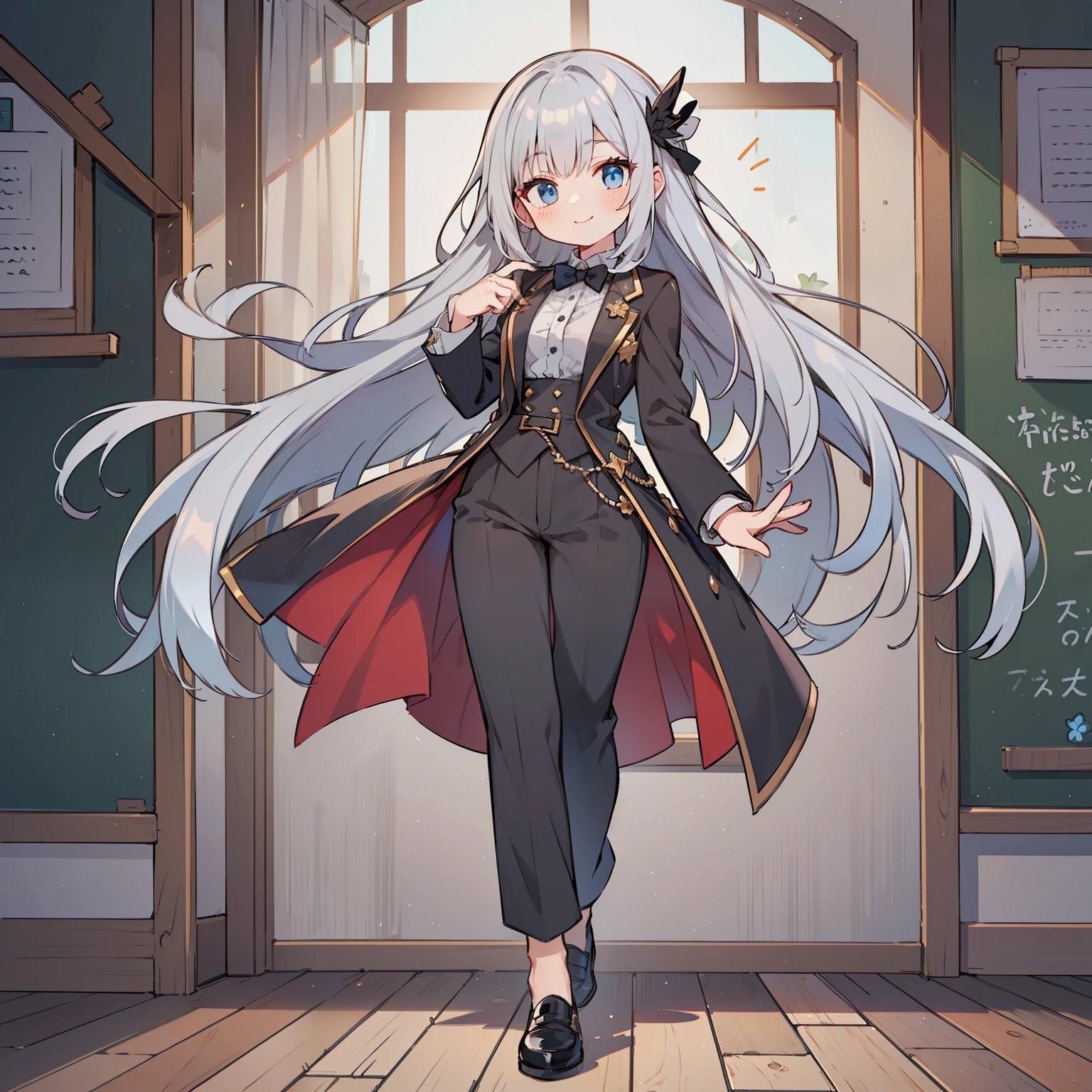 (long silver hair girl),((teach a class)),(Pants style with tuxedo),blue eyes,open your mouth, dull smile, Full body Esbian,(((a bit))),(alone),(best image quality, In 8K, masterpiece, Super detailed),