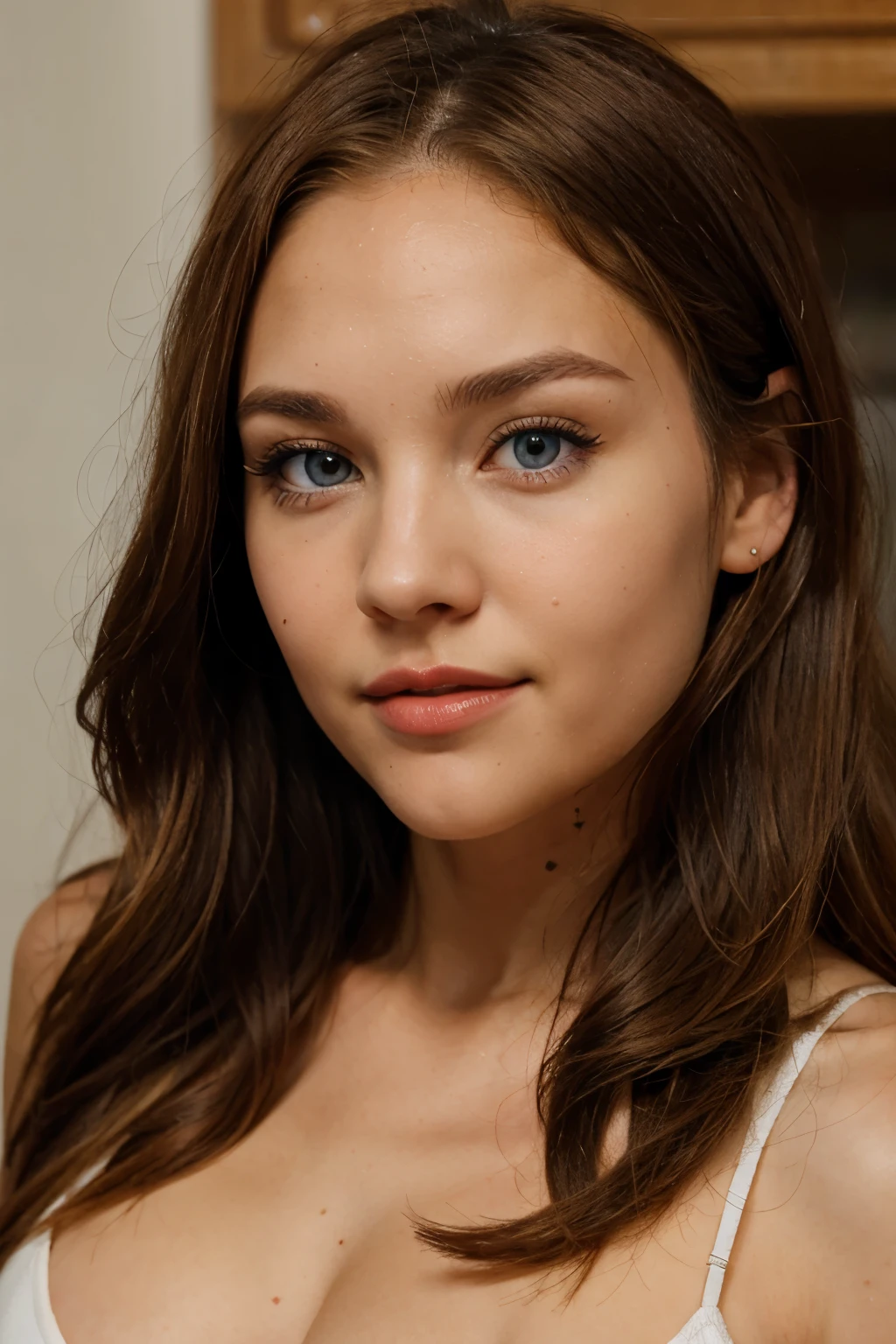 30-year-old woman, young appearance, resemblance to Amanda Bynes, vibrant blue eyes, red lips, brown blonde hair, very fair skin