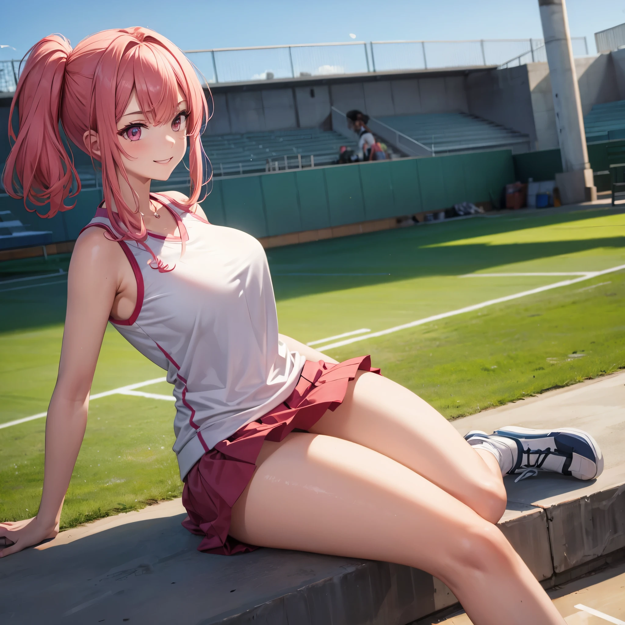 A woman wearing a tennis uniform, in a tennis stadium, smiling, big breasts, pink hair, pink eyes.
