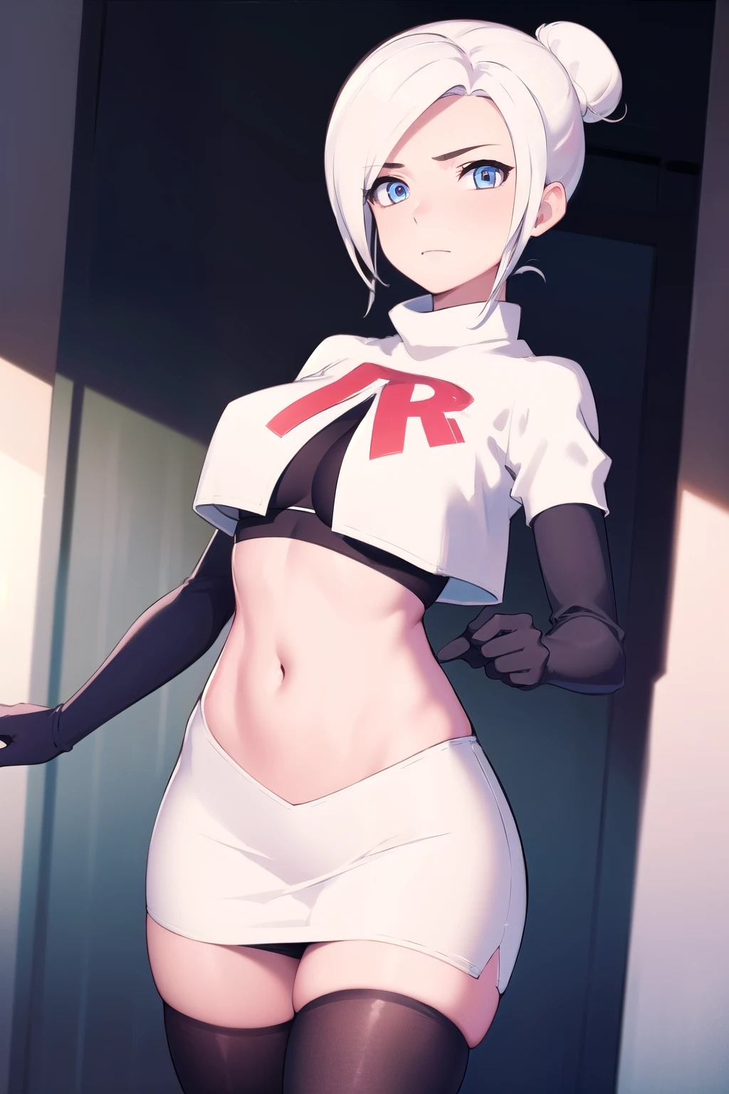 winterschnee, winter schnee, blue eyes, white hair, hair bun, single hair bun,
BREAK team rocket,team rocket uniform, red letter R, white skirt,white crop top,black thigh-highs,black elbow gloves
BREAK looking at viewer, (cowboy shot:1.5),
BREAK (masterpiece:1.2), best quality, high resolution, unity 8k wallpaper, (illustration:0.8), (beautiful detailed eyes:1.6), extremely detailed face, perfect lighting, extremely detailed CG, (perfect hands, perfect anatomy),