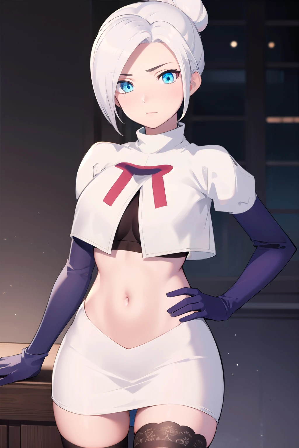 winterschnee, winter schnee, blue eyes, white hair, hair bun, single hair bun,
BREAK team rocket,team rocket uniform, red letter R, white skirt,white crop top,black thigh-highs,black elbow gloves
BREAK looking at viewer, (cowboy shot:1.5),
BREAK (masterpiece:1.2), best quality, high resolution, unity 8k wallpaper, (illustration:0.8), (beautiful detailed eyes:1.6), extremely detailed face, perfect lighting, extremely detailed CG, (perfect hands, perfect anatomy),