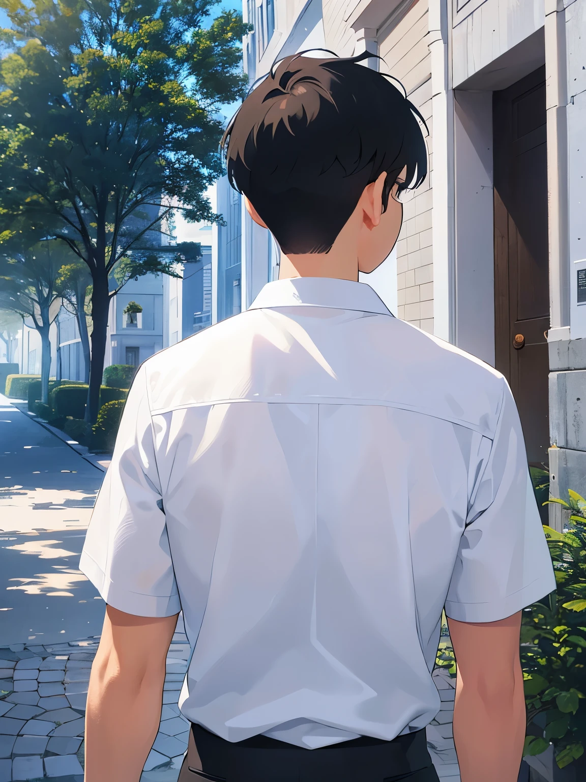 shooting from behind、back view、Upper Body, masterpiece、highest quality、25 year old man with short black hair, wearing a white shirt、Are standing、 background is outside、(Alone:2)