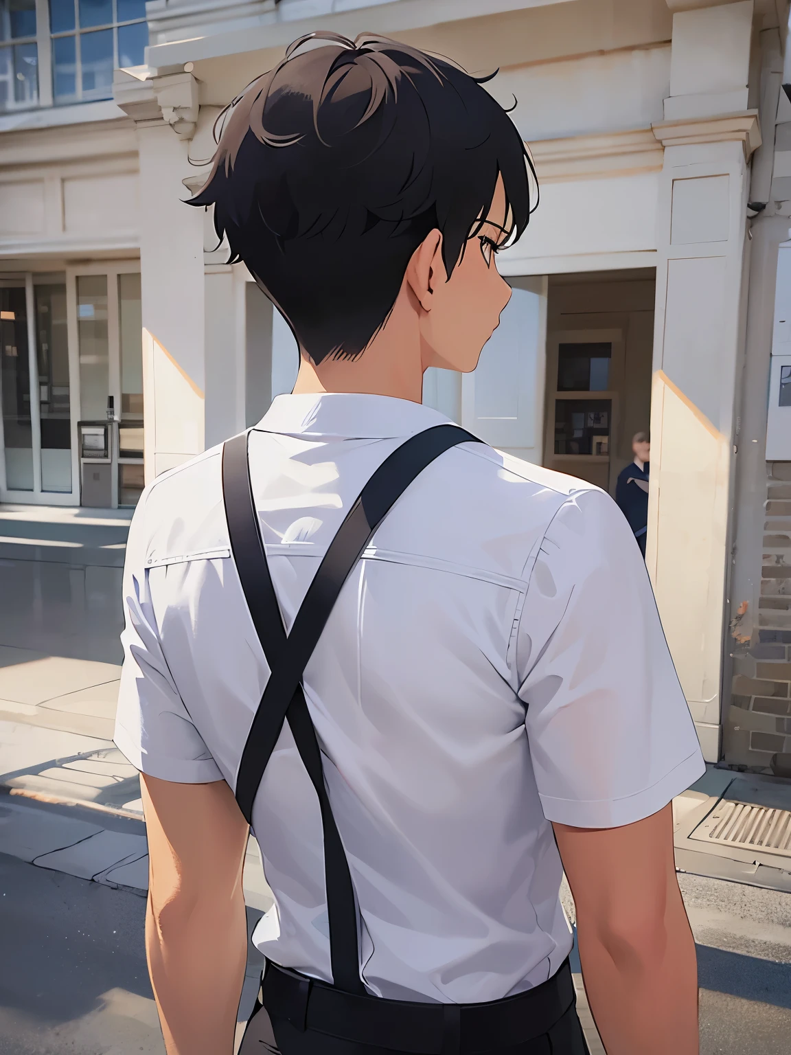 shooting from behind、back view、Upper Body, masterpiece、highest quality、25 year old man with short black hair, wearing a white shirt、Are standing、 background is outside、(Alone:2)
