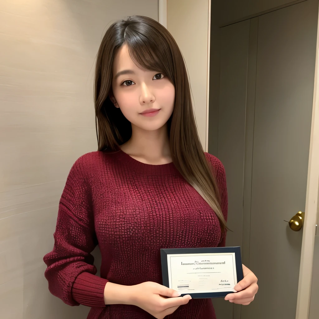 High resolution、High level image quality、high detail、masterpiece、realistic skin,、rough skin、(anatomically correct)、1 person、(((Holding the award certificate with both hands next to the face)))、((Japanese 28 year old female))、((whole body))、facing forward、The photo shows up to the waist、wearing a sweater