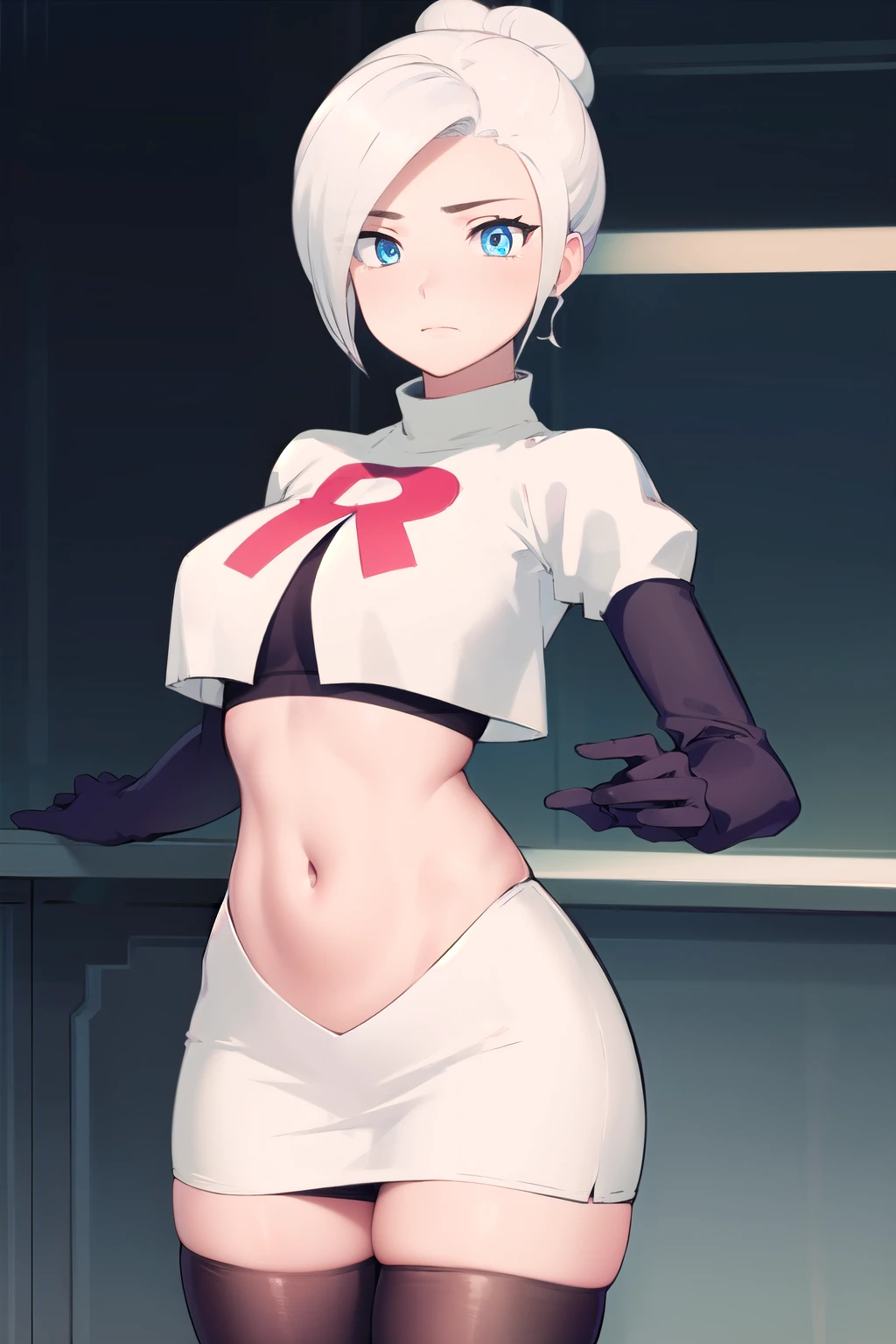 winterschnee, winter schnee, blue eyes, white hair, hair bun, single hair bun,
BREAK team rocket,team rocket uniform, red letter R, white skirt,white crop top,black thigh-highs,black elbow gloves
BREAK looking at viewer, (cowboy shot:1.5),
BREAK (masterpiece:1.2), best quality, high resolution, unity 8k wallpaper, (illustration:0.8), (beautiful detailed eyes:1.6), extremely detailed face, perfect lighting, extremely detailed CG, (perfect hands, perfect anatomy),