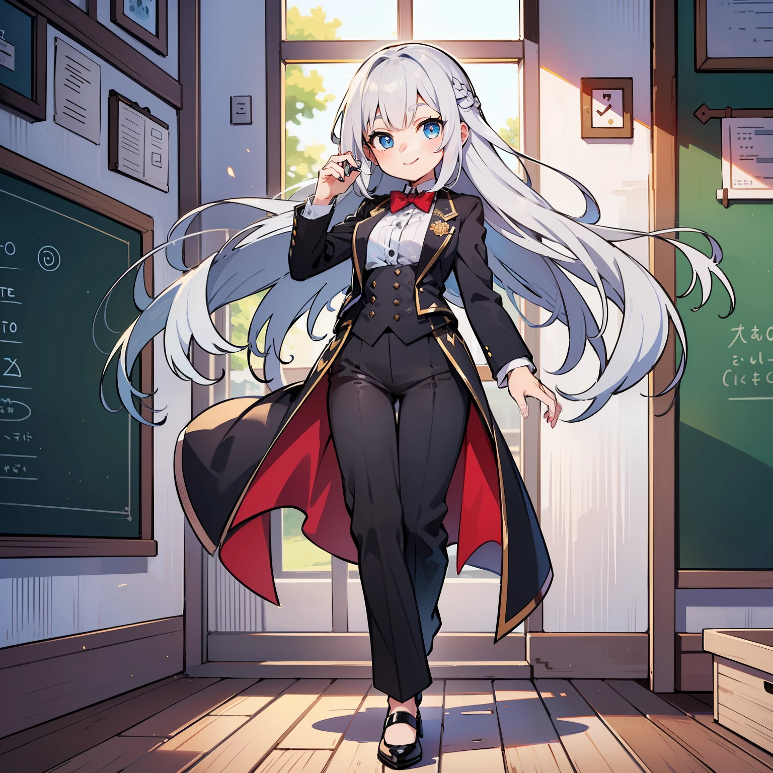 (long silver hair girl),((teach a class)),(Pants style with tuxedo),blue eyes,open your mouth, dull smile, Full body Esbian,(((a bit))),(alone),(best image quality, In 8K, masterpiece, Super detailed),