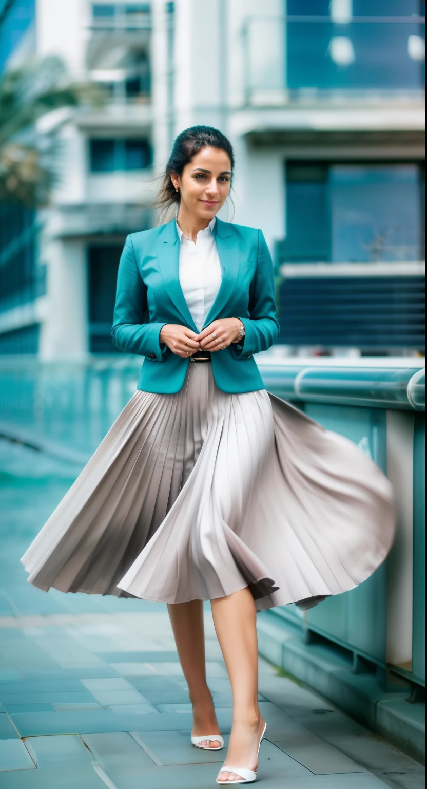muito (shy smiling:1,1) good woman wearing a short blazer com a muito muito detailed (longo (totalmente plissado) full circle skirt) e (simples) low heeled office shoes, muito muito intricate hyper-detailed symmetric (rosto feminino jovem atraente e gracioso) com (triste, tired eyes and a shy smile), Seios grandes, full of empathy and compassion and love, (pronunciado (Feminino) Characteristics), (altamente detalhado ultra preciso realista) he is the fingers, (wind and wind blowing conditions), epic composition, atributos altamente detalhados, atmosfera altamente detalhada, (35mmf1.4 Fotografia Kodak portra 400), extremely high quality RAW photograph, (deep space station covert operations active),cabelos longos preto, mulher linda  de 38 anos, without accessories 