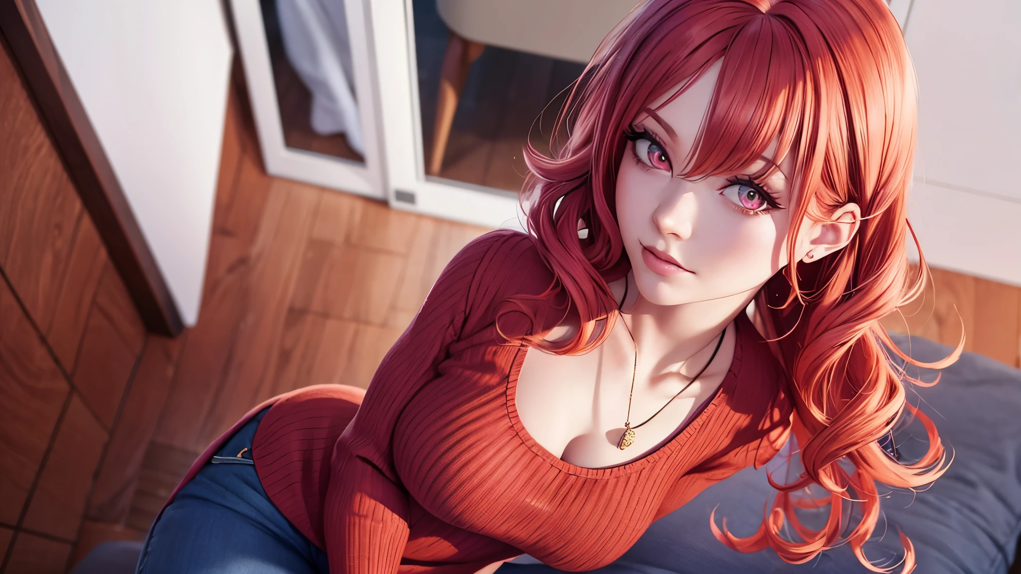 Skye, human version, magenta eyes, curly bright orange hair, mommy, mommy body, red sweater, blue jeans, tall, standing, extremely detailed, solo, beautiful, high quality, 4K, 8K, HDR