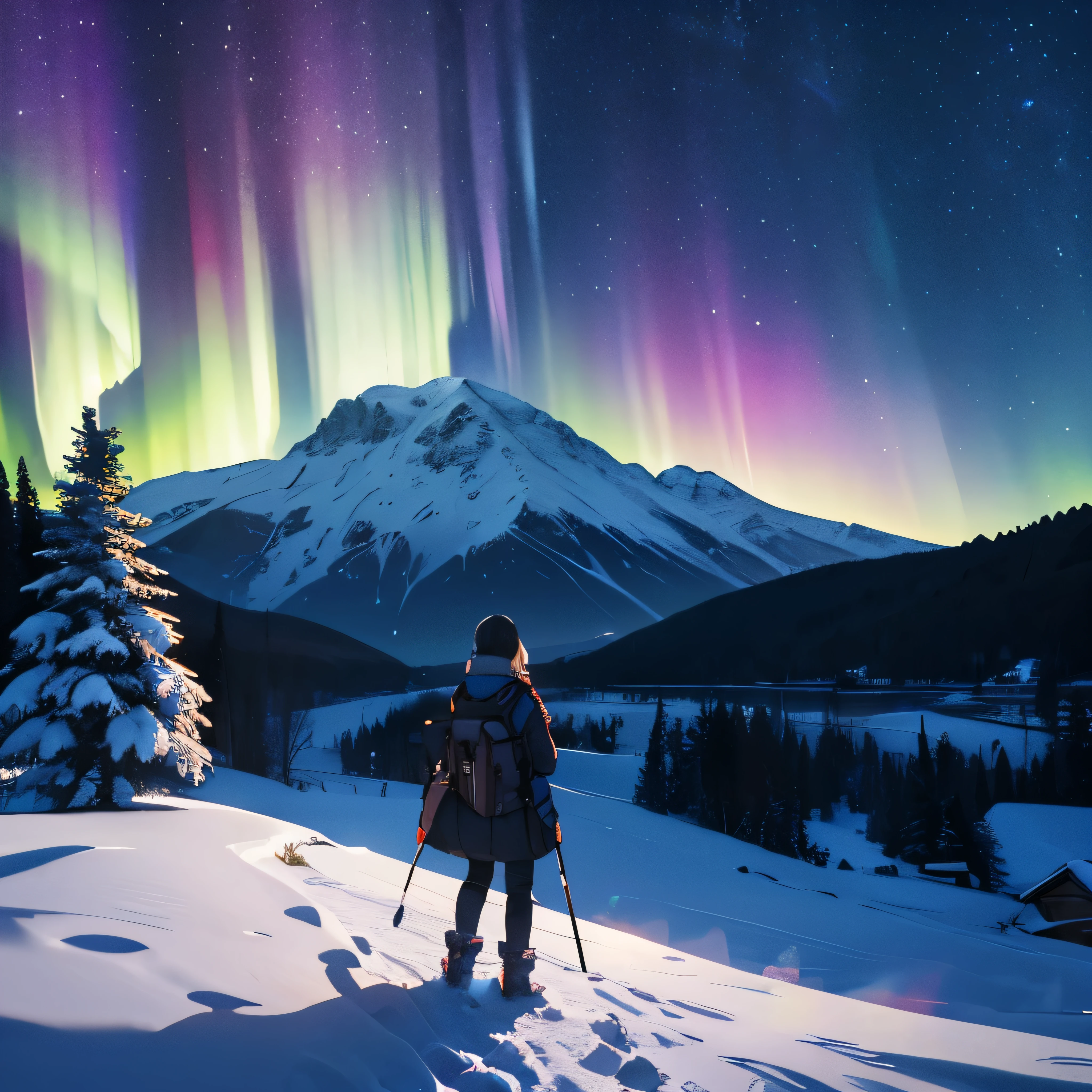 snow scene、Mountain、night view、Iridescent Northern Lightilky way、girl