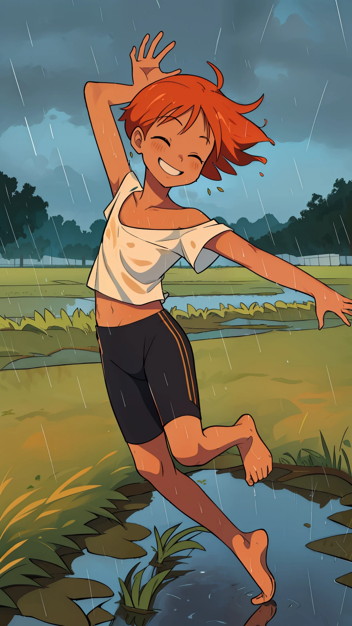 Edward, (((dancing))) in the rain, bare feet, raining hard, full body, feet in puddle,  hands in the air, looking up at the sky, eyes closed, (((field background))) smiling, wet clothes, wet hair, clothing clinging to skin, midriff,orange hair,white shirt,off shoulder,collarbone,tan skin, black bike shorts,goggles, brown eyes, smiling, (insanely detailed, beautiful detailed face, masterpiece, best quality),