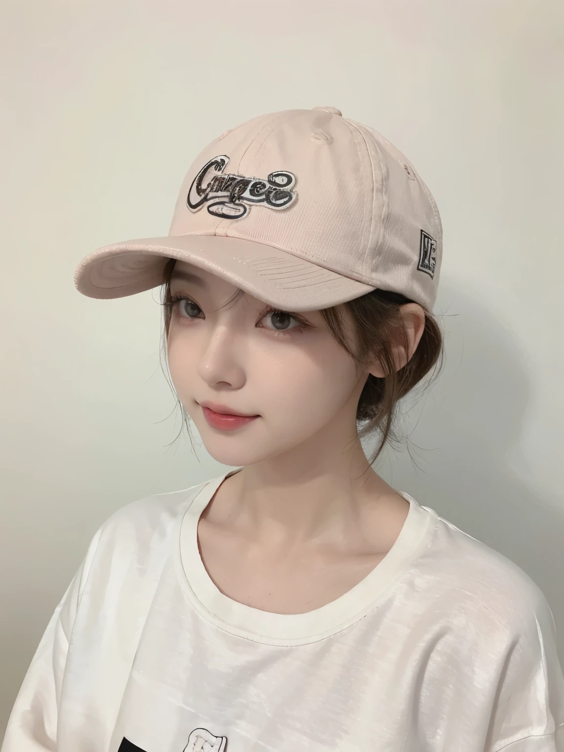 Best image quality、original photo、ultra high resolution、21 years old Korean、small breasts、dynamic angle、Cowboy shooting、The most beautiful form of chaos、elegant、Innovative design、bright colors、,light brown short hair、disheveled hair、light brown eyes 、black baseball cap(表情Smile)、short bob、Smile、Fair and shiny skin、beautiful eyes，random colors、The details are very beautiful、thin lips、细致beautiful eyes、elongated eyes、pale pink cheeks、long eyelashes、beautiful double eyelids、eye shadow、he、White big T-shirt sweatshirt、baggy pants、Shot from the side、sexy pose、enlarge