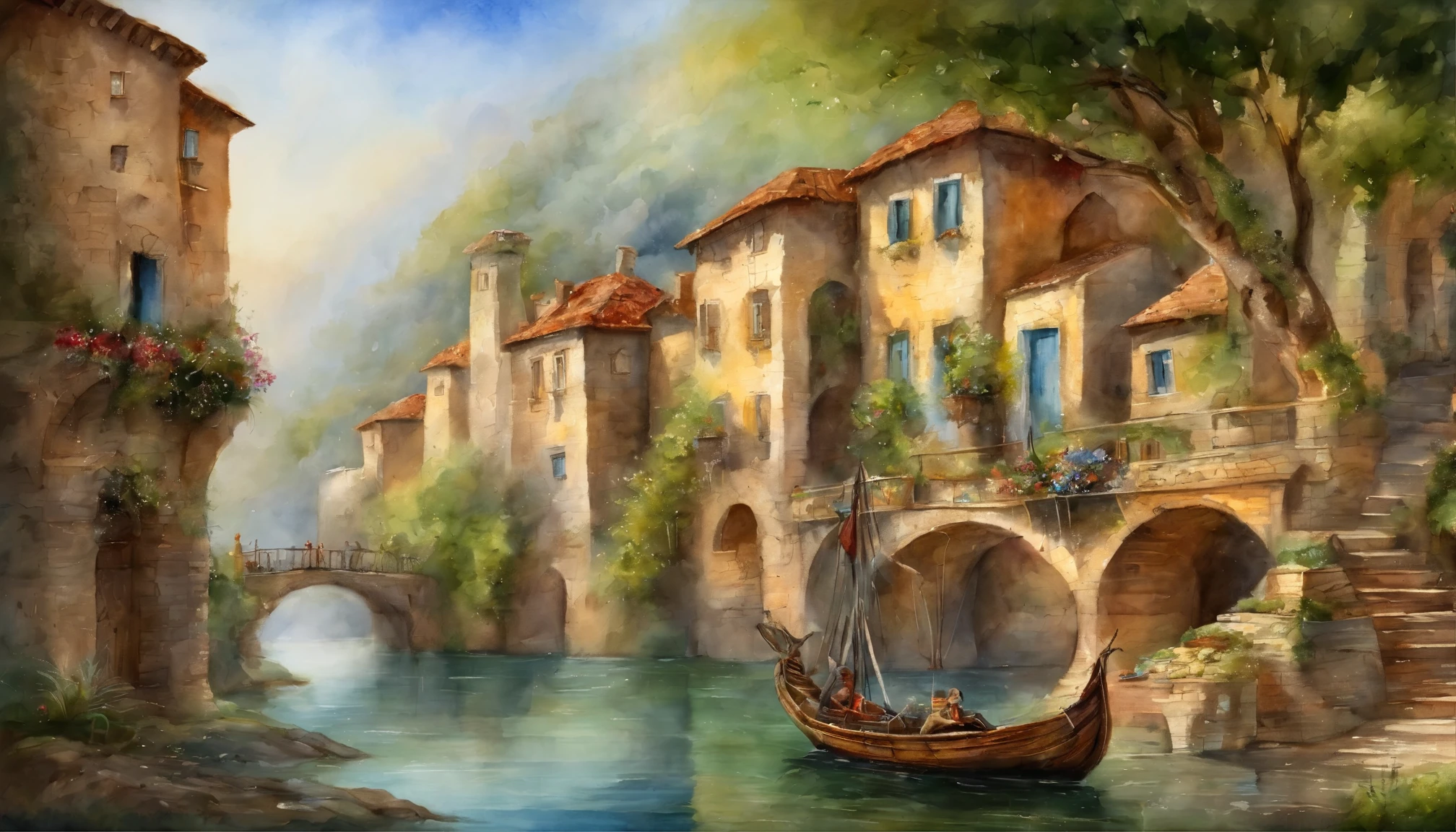 antique fairy style,Atlas,many buildings,street frontage,trees and bridges,Super fine,high quality,8K
