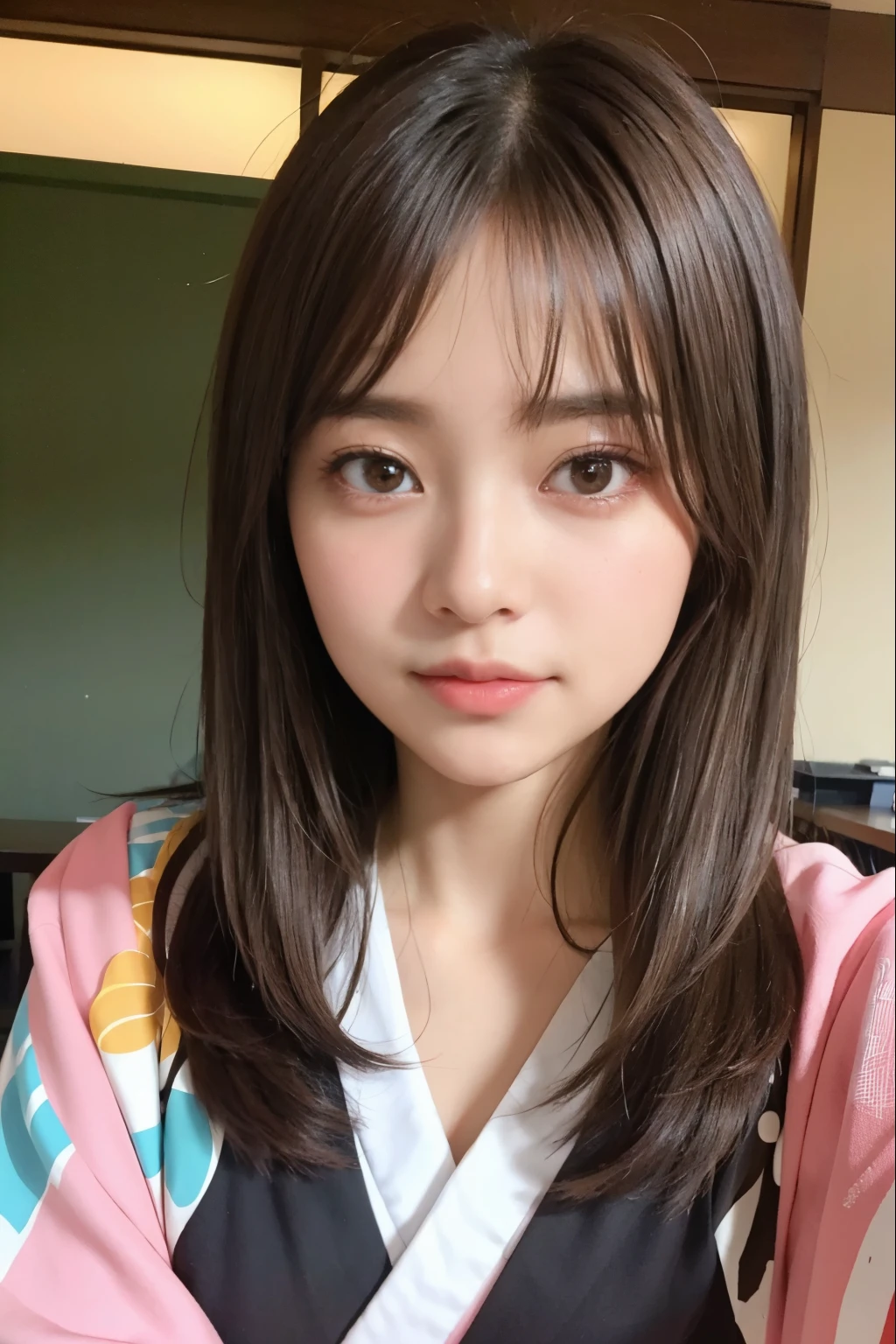 Random pose、top quality、ultra high resolution、(Realism:1.5)、1 girl、Gorgeous kimono、(brown hair:1.2)、‎Classroom、looking at the audience、close up、Whole BodyEsbian、nasty eyes
