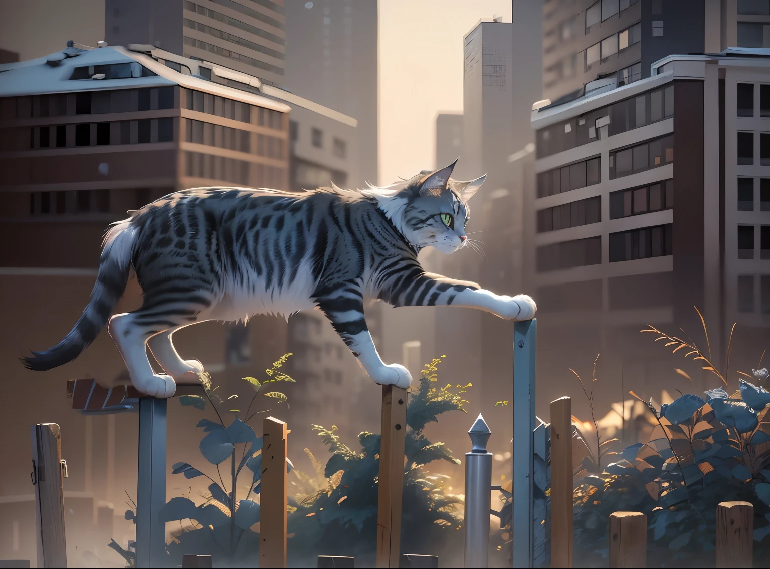 a grey Maine Coon cat walking on top of a white picket fence, medium shot, parallel to camera, small boy in blue jeans and tennis shoes and brown hair balancing on the fence behind cat, imitating cat, gritty city, dirty city, old school city dump in the back ground, illustration art style,24k resolution, photorealistic, hyperdetailed