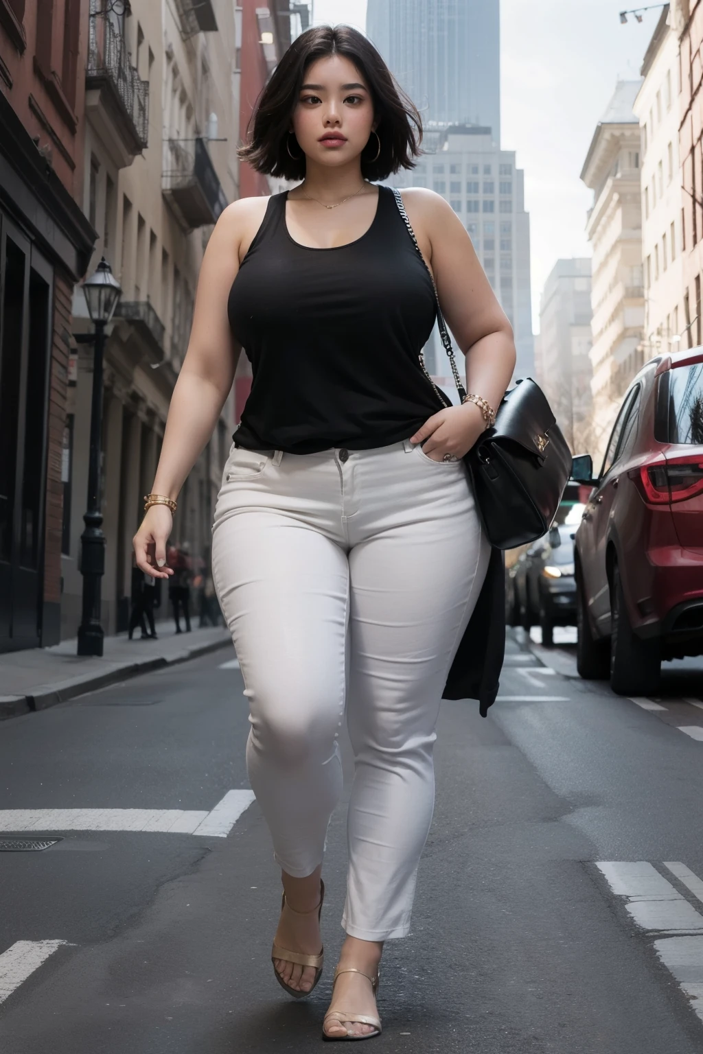 Woman, big huge , with pants, full body, with tank top, in public
