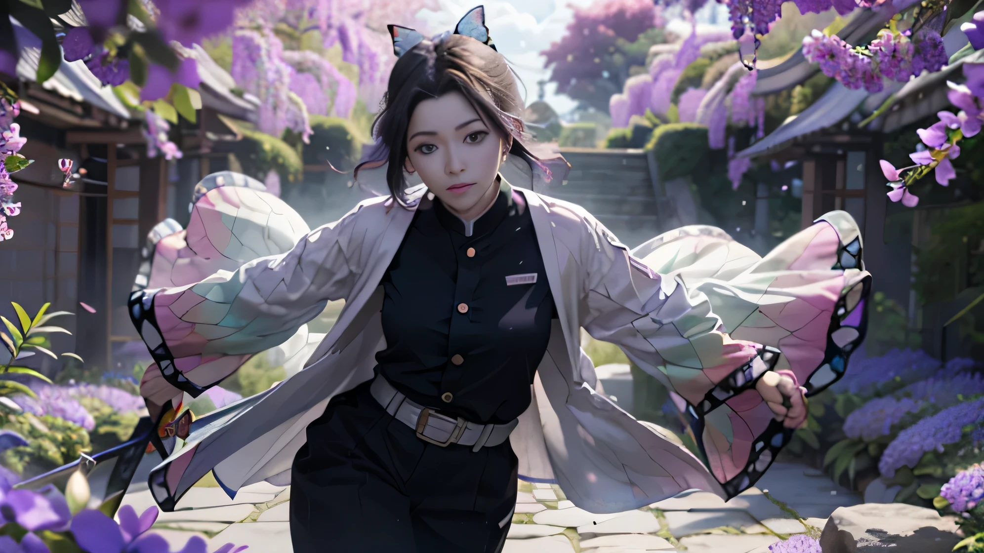 Ultra-realistic 8k CG, masterpiece, close, (weapon in hand: 1.2), (attack: 1.2), beauty, goddess, from the front, face sticking out, (super detailed background, delicate pattern, intricate details)), high quality, highly detailed face, highly detailed eyes and face, highly detailed eyes, kocho shinobi, colorful hair, No bangs, hair intake, purple eyes, amount, black shirt, black pants, (Haori, butterfly: 1.3, button, belt), (garden: 1.2), purple flowers, Redcliffe, cloudy null, sunlight, Tyndall effect, slope_null, face, gorgeous null, sword on waist,