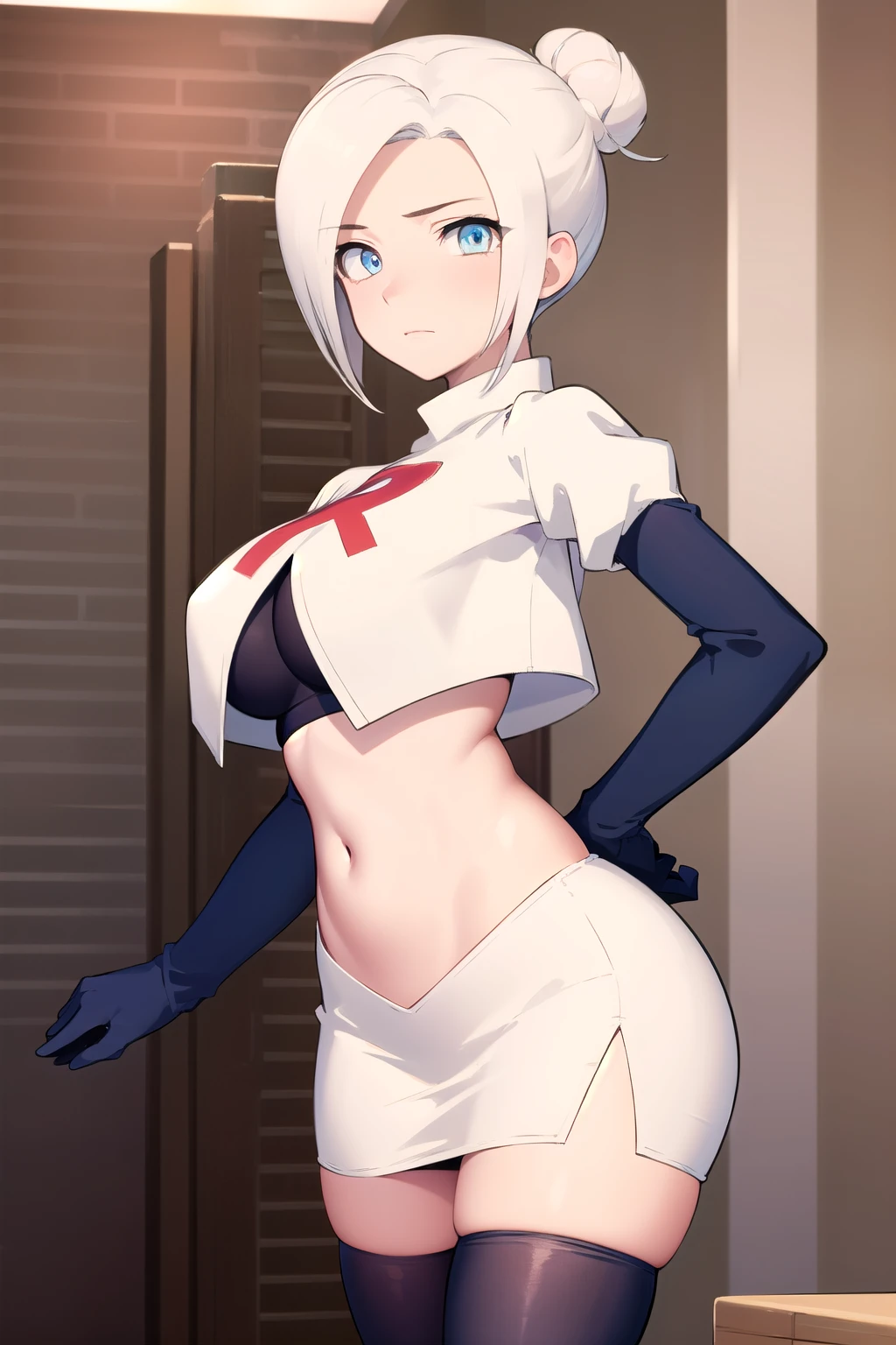 winterschnee, winter schnee, blue eyes, white hair, hair bun, single hair bun,
BREAK team rocket,team rocket uniform, red letter R, white skirt,white crop top,black thigh-highs,black elbow gloves
BREAK looking at viewer, (cowboy shot:1.5),
BREAK (masterpiece:1.2), best quality, high resolution, unity 8k wallpaper, (illustration:0.8), (beautiful detailed eyes:1.6), extremely detailed face, perfect lighting, extremely detailed CG, (perfect hands, perfect anatomy),