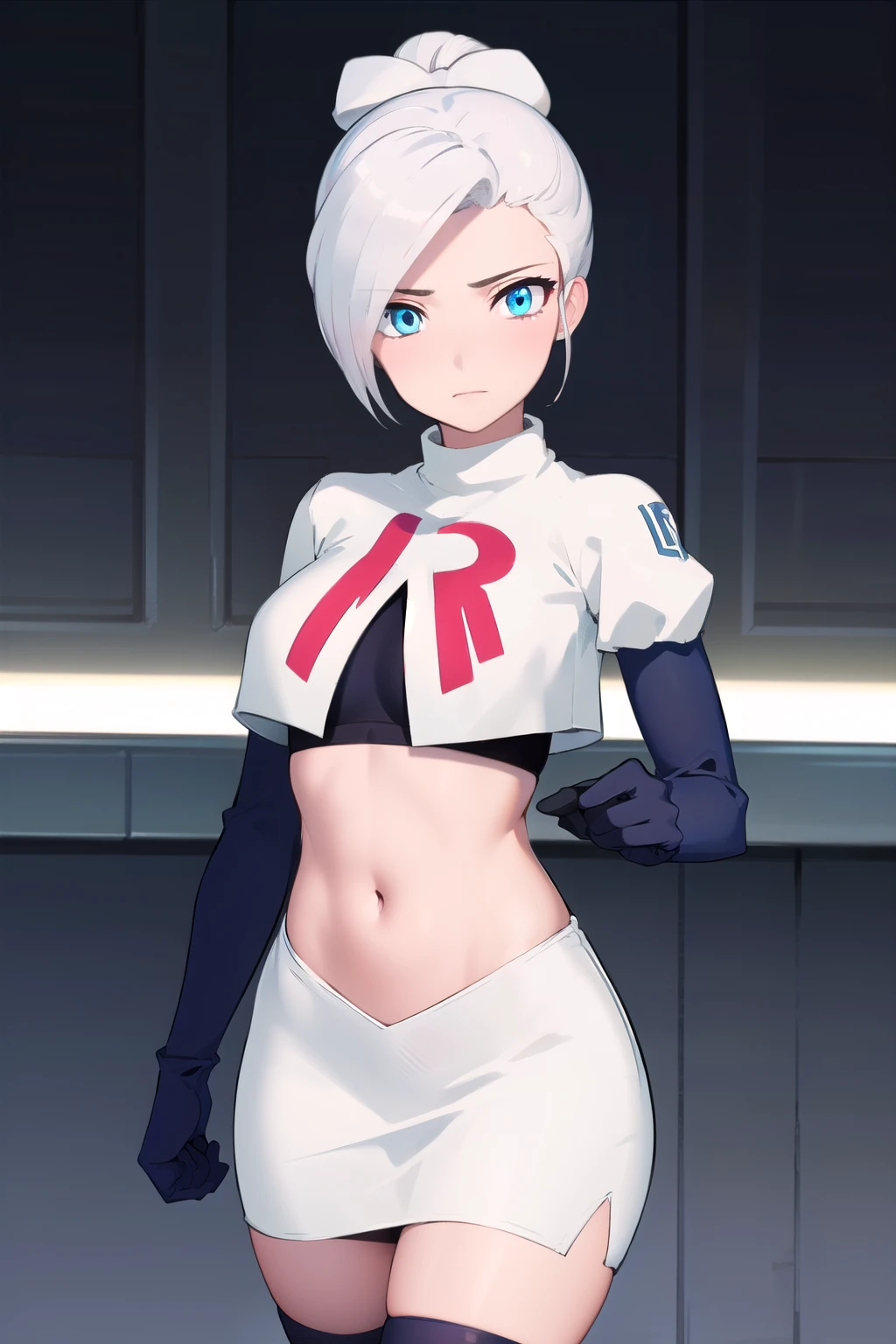 winterschnee, winter schnee, blue eyes, white hair, hair bun, single hair bun,
BREAK team rocket,team rocket uniform, red letter R, white skirt,white crop top,black thigh-highs,black elbow gloves
BREAK looking at viewer, (cowboy shot:1.5),
BREAK (masterpiece:1.2), best quality, high resolution, unity 8k wallpaper, (illustration:0.8), (beautiful detailed eyes:1.6), extremely detailed face, perfect lighting, extremely detailed CG, (perfect hands, perfect anatomy),