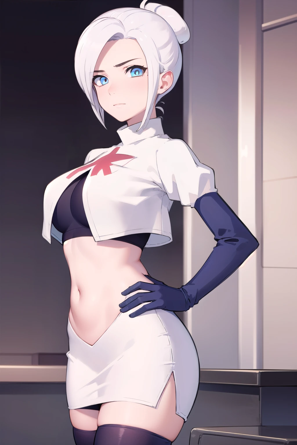 winterschnee, winter schnee, blue eyes, white hair, hair bun, single hair bun,
BREAK team rocket,team rocket uniform, red letter R, white skirt,white crop top,black thigh-highs,black elbow gloves
BREAK looking at viewer, (cowboy shot:1.5),
BREAK (masterpiece:1.2), best quality, high resolution, unity 8k wallpaper, (illustration:0.8), (beautiful detailed eyes:1.6), extremely detailed face, perfect lighting, extremely detailed CG, (perfect hands, perfect anatomy),