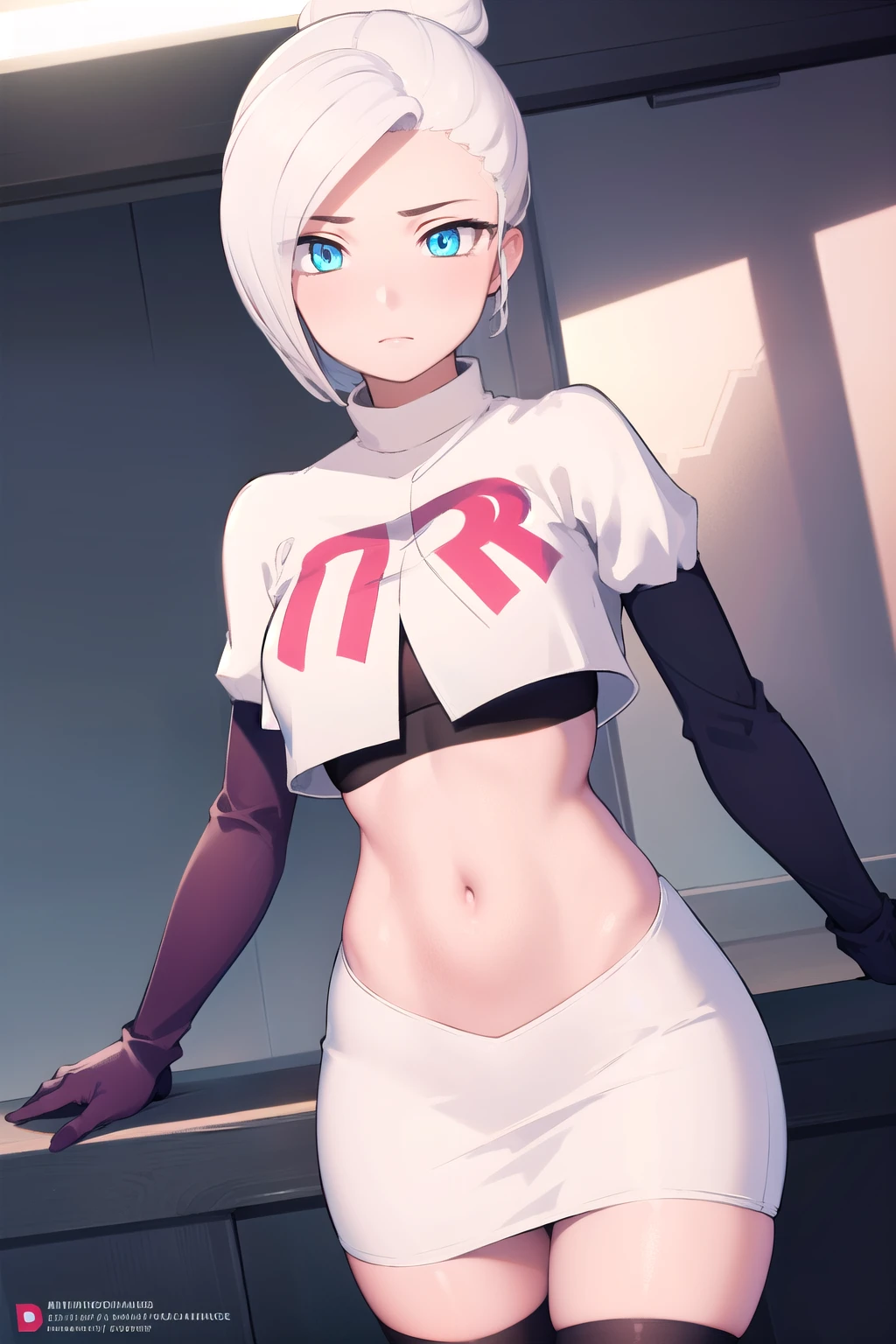 winterschnee, winter schnee, blue eyes, white hair, hair bun, single hair bun,
BREAK team rocket,team rocket uniform, red letter R, white skirt,white crop top,black thigh-highs,black elbow gloves
BREAK looking at viewer, (cowboy shot:1.5),
BREAK (masterpiece:1.2), best quality, high resolution, unity 8k wallpaper, (illustration:0.8), (beautiful detailed eyes:1.6), extremely detailed face, perfect lighting, extremely detailed CG, (perfect hands, perfect anatomy),