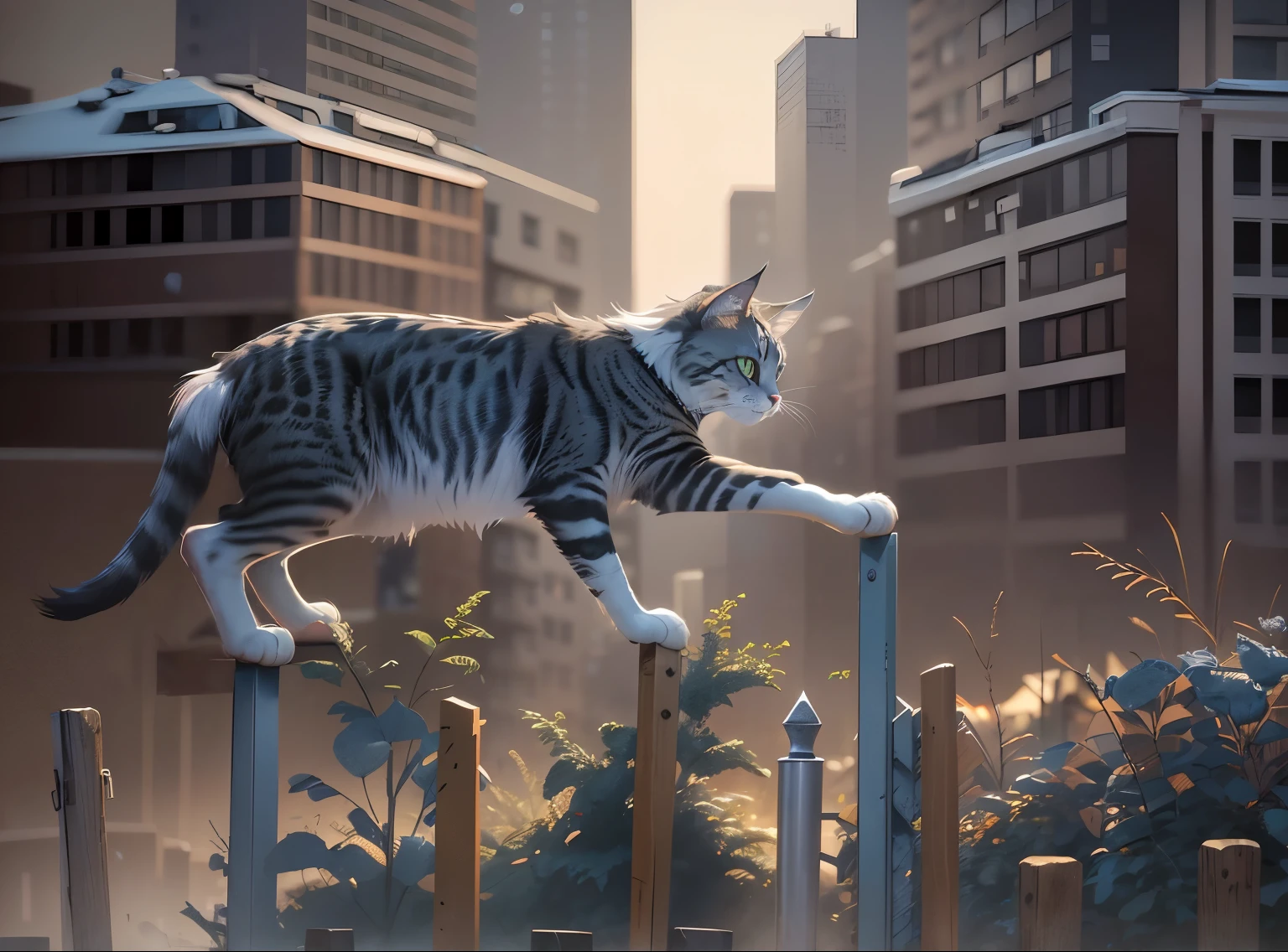 a grey Maine Coon cat walking on top of a white picket fence, medium shot, parallel to camera, small boy in blue jeans and tennis shoes and brown hair balancing on the fence behind cat, imitating cat, gritty city, dirty city, old school city dump in the back ground, illustration art style,24k resolution, photorealistic, hyperdetailed