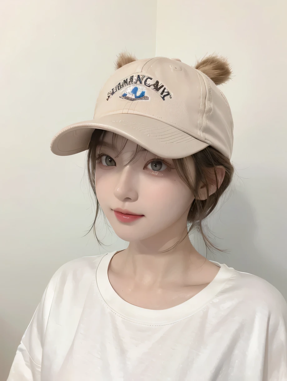 Best image quality、original photo、ultra high resolution、21 years old Korean、small breasts、dynamic angle、cowboy shooting、The most beautiful form of chaos、elegant、Innovative design、bright colors、,light brown short hair、disheveled hair、light brown eyes 、black baseball cap(表情Smile)、short bob、Smile、Fair and shiny skin、beautiful eyes,random color、The details are very beautiful、thin lips、细致beautiful eyes、elongated eyes、pale pink cheeks、long eyelashes、beautiful double eyelids、eye shadow、he、Big white t-shirt sweatshirt、baggy pants、Shot from the side、sexy pose、enlarge