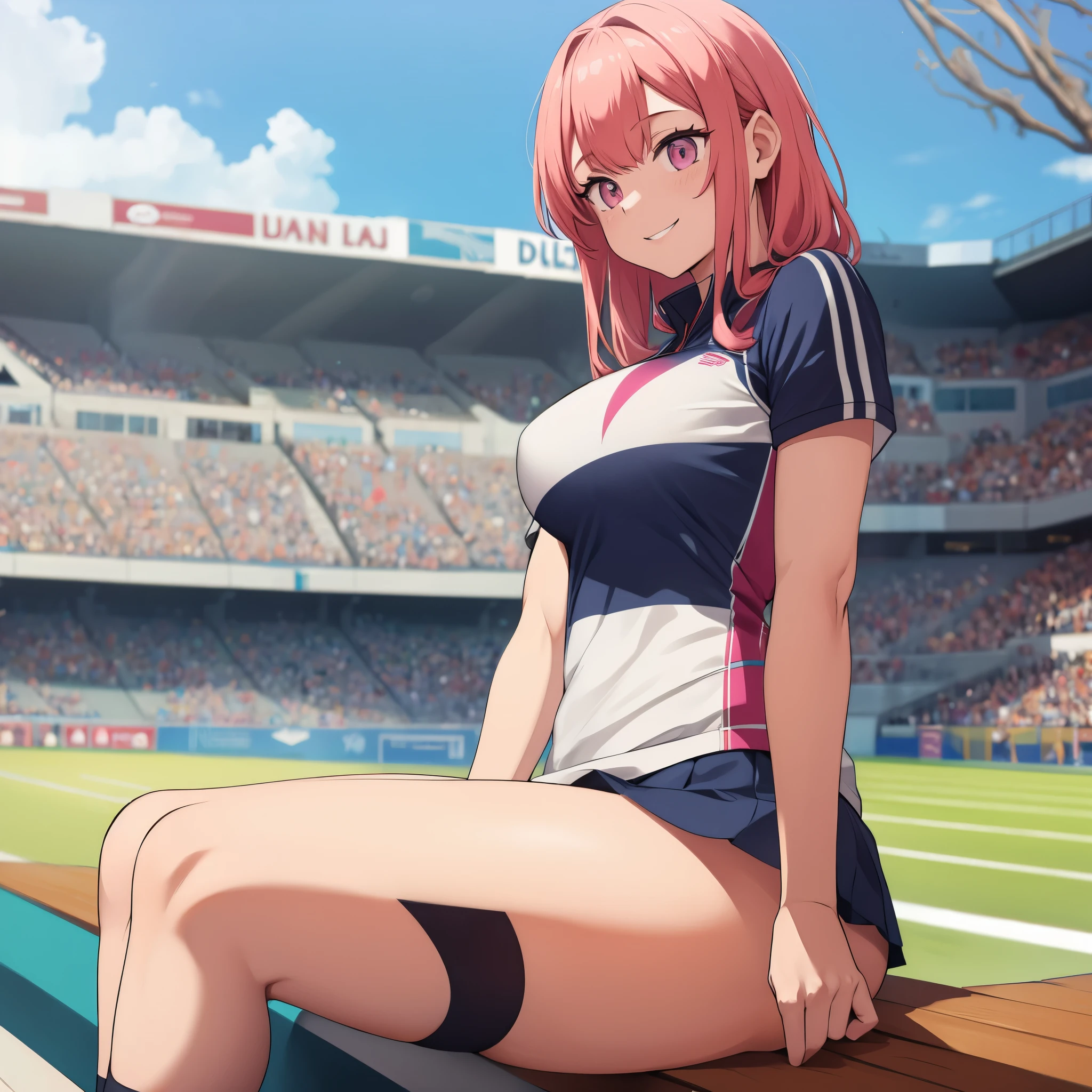 A woman wearing a white tennis uniform with faint blue details, in a tennis stadium, smiling, big breasts, pink hair, pink eyes.
