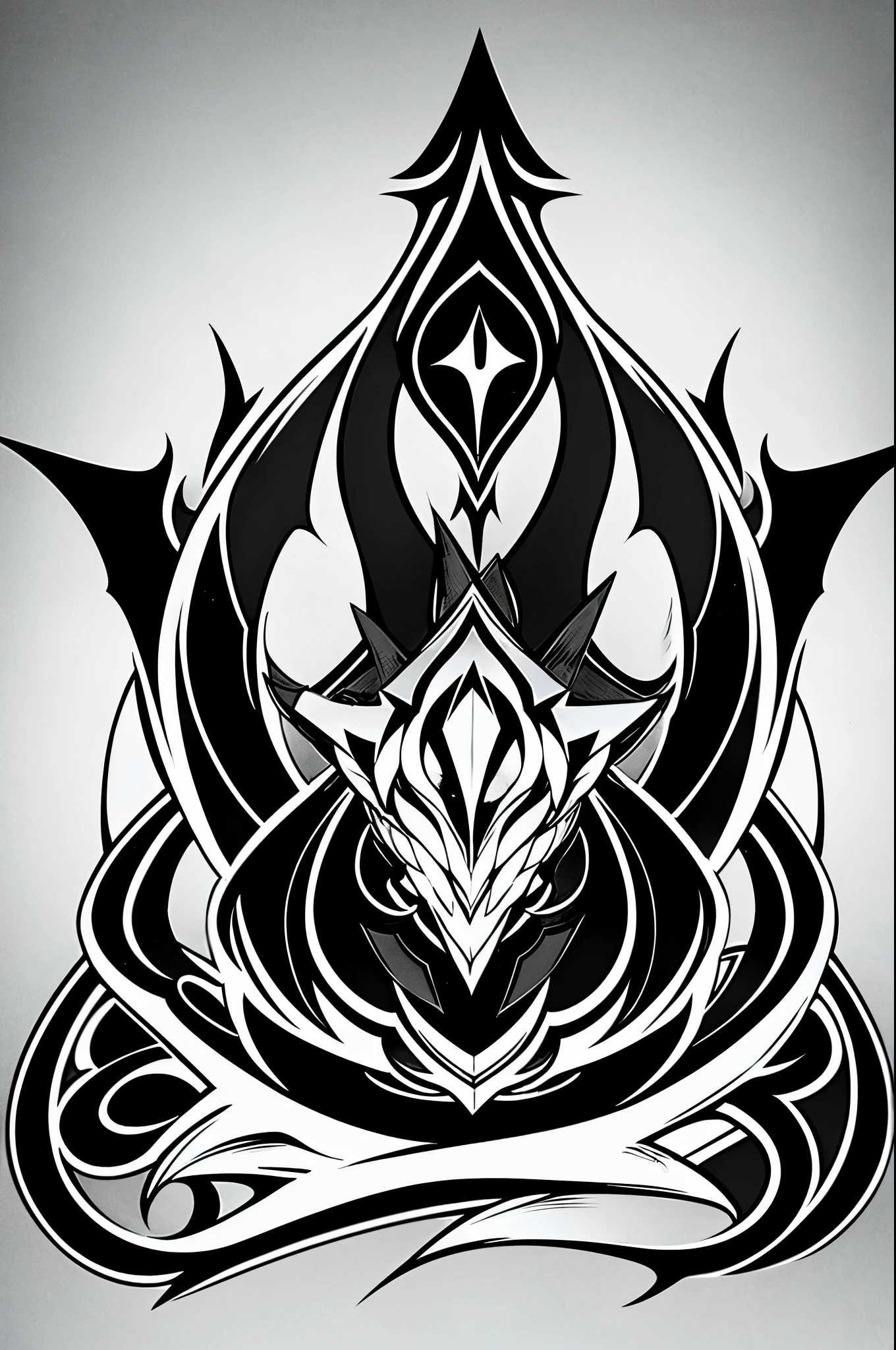 One BlazBlue style coat of arms about a demon, ice, sword, black and white, multiple parts, crest
