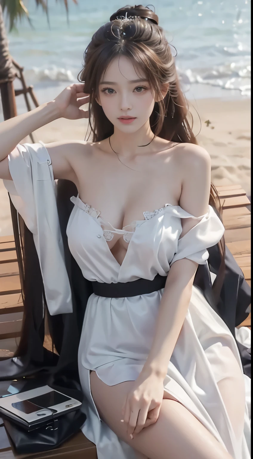 (masterpiece, best quality:1.2), 1girl, solo, ((bare shoulders)), (actual:1.37), ((lying on a beach)), ((Bird's eye view shot)), Sweet maiden, beautiful妆容, Exquisite makeup, Extremely beautiful eyes, long hair, curls, slim body, ((big breasts, Big breasts, cleavage)), Sexy slender legs, The skirt is short, Leaking sexy legs, elegant posture, best quality, correct, correct的手, correct的腿, 解剖学correct, official art, complex, detail的脸, detail, lifelike, Very detailed, amazing, beautiful, Young and energetic, Charming model, Meticulous CG Uniform 8k wallpaper