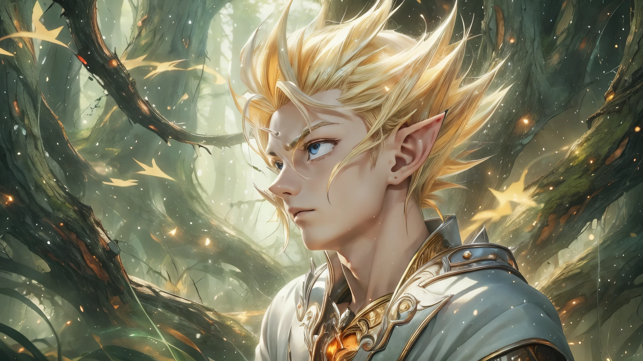 (masterpiece), 8k, best quality, elf boy, naïve, male, teenager, 14 years old, white skin, thin body, pointed elf ears, beautiful finely detailed silver eyes, high forehead, yellow blonde spiky hair like Gohan from the anime dragon ball (super sayajin), Incredibly handsome, calm appearance, happy, conservative elven clothing, walked in the enchanted forest, talking,