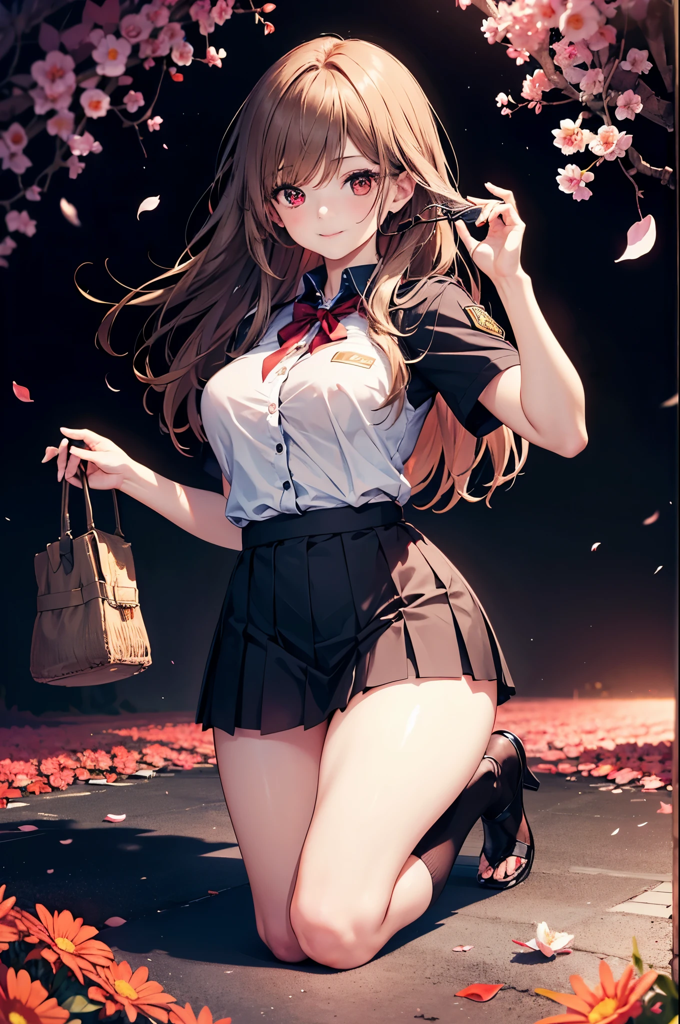 realistic image, coherent image, detailed image, 1 beautiful girl. She has long brown hair, tied up with a comb in the shape of a red flower. Red eyes, long eyelashes. Her face is oval and delicate. smiling. She wears a traditional t-shirt, a pleated mini skirt with lace, and long stockings that cover her legs. She has a curvy body, medium breasts and thick thighs. kneeling view from below. view from her thighs. surrounded by clothing fabrics, flower petals falling around. black background, uniform background,