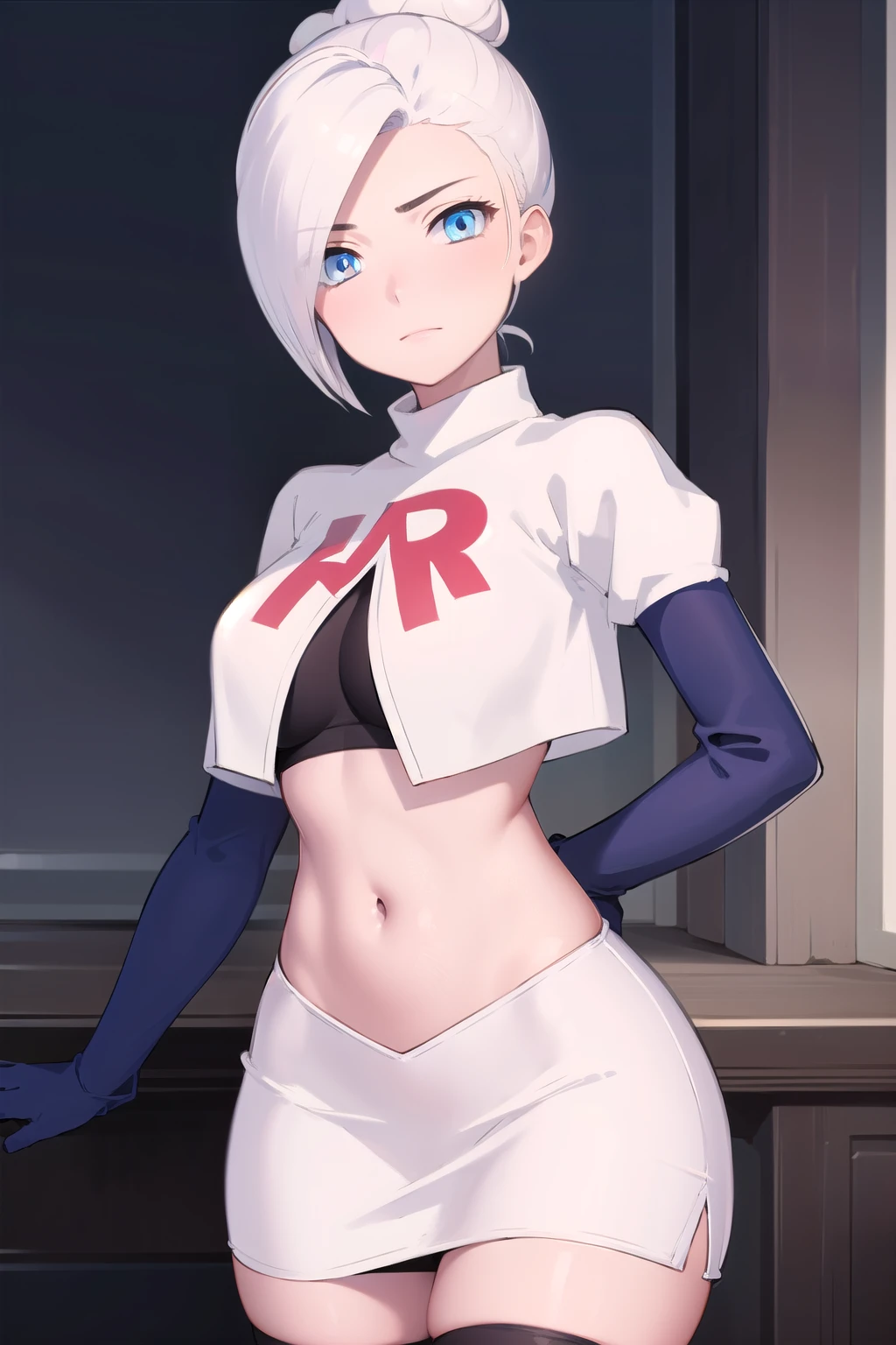 winterschnee, winter schnee, blue eyes, white hair, hair bun, single hair bun,
BREAK team rocket,team rocket uniform, red letter R, white skirt,white crop top,black thigh-highs,black elbow gloves
BREAK looking at viewer, (cowboy shot:1.5),
BREAK (masterpiece:1.2), best quality, high resolution, unity 8k wallpaper, (illustration:0.8), (beautiful detailed eyes:1.6), extremely detailed face, perfect lighting, extremely detailed CG, (perfect hands, perfect anatomy),