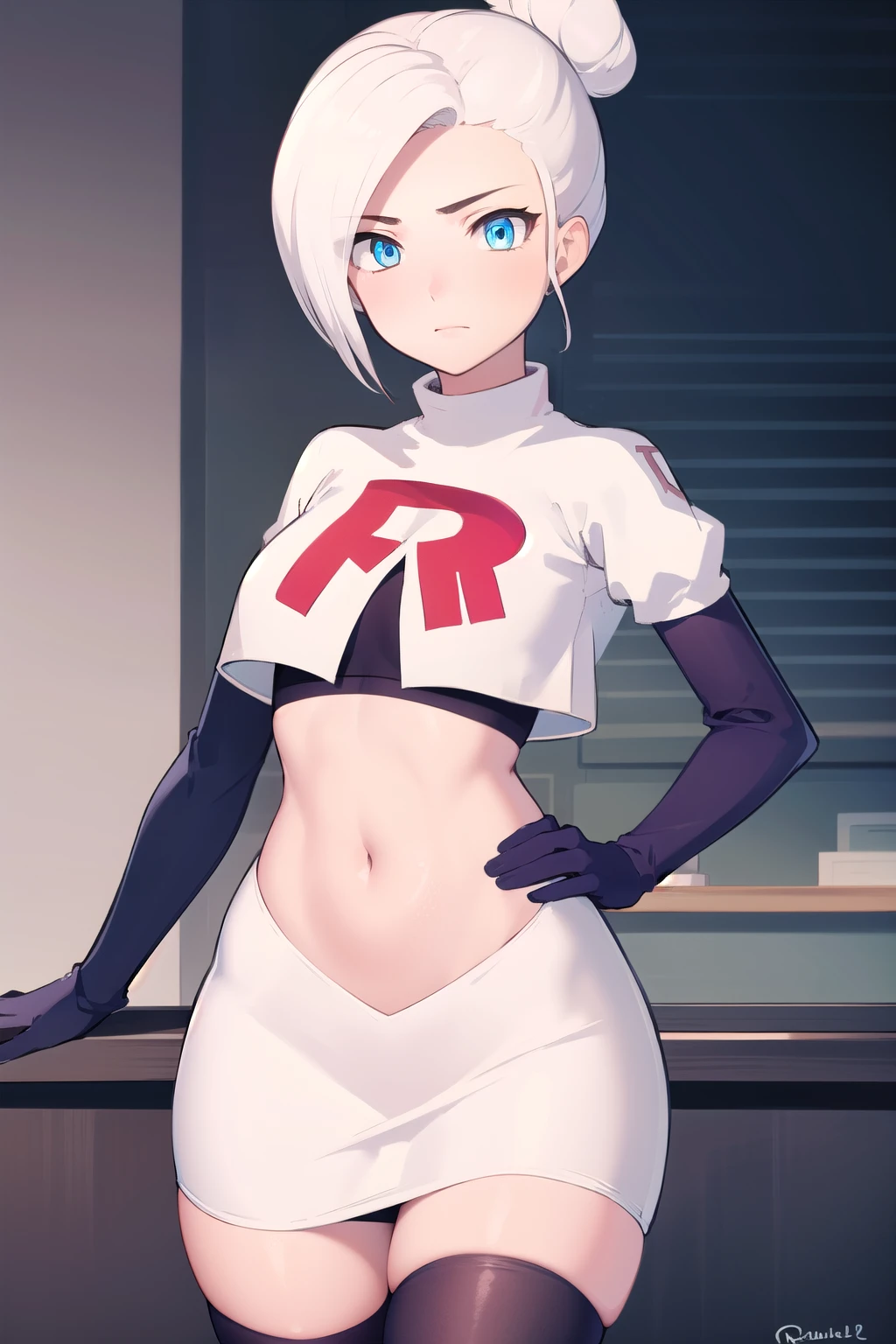 winterschnee, winter schnee, blue eyes, white hair, hair bun, single hair bun,
BREAK team rocket,team rocket uniform, red letter R, white skirt,white crop top,black thigh-highs,black elbow gloves
BREAK looking at viewer, (cowboy shot:1.5),
BREAK (masterpiece:1.2), best quality, high resolution, unity 8k wallpaper, (illustration:0.8), (beautiful detailed eyes:1.6), extremely detailed face, perfect lighting, extremely detailed CG, (perfect hands, perfect anatomy),