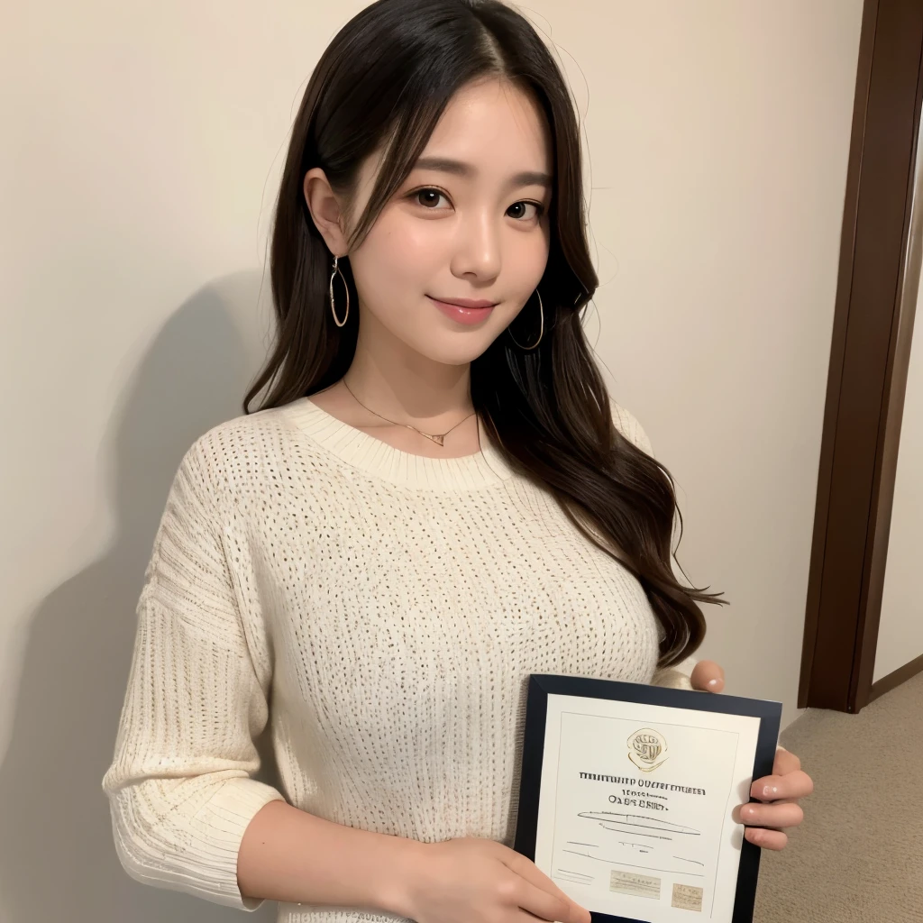 High resolution、High level image quality、high detail、masterpiece、realistic skin,、rough skin、(anatomically correct)、1 person、(((Holding the award certificate with both hands next to the face)))、((Japanese 28 year old female plump))、((whole body))、facing forward、The photo shows up to the waist、wearing a sweater、smile