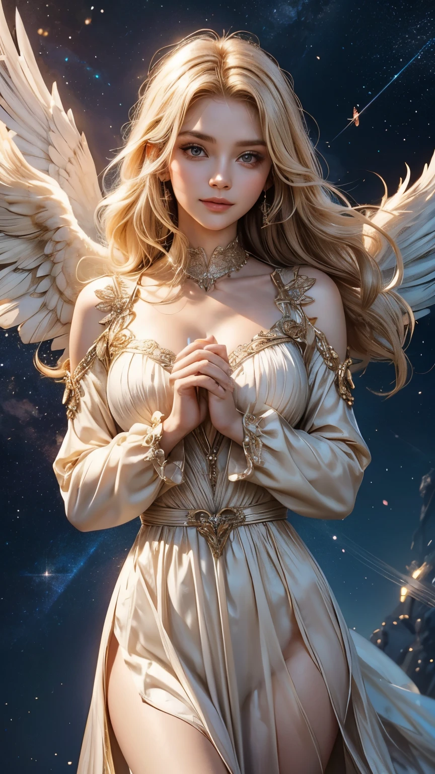 Cupid, a neat and beautiful girl, facing straight at viewer, body facing front at viewer, gentle smile, big eyes, blonde, Hide your chest, A neat dress with loose sleeves, A god with many sparkling stars々new background, Prayer-like pose, photorealistic,