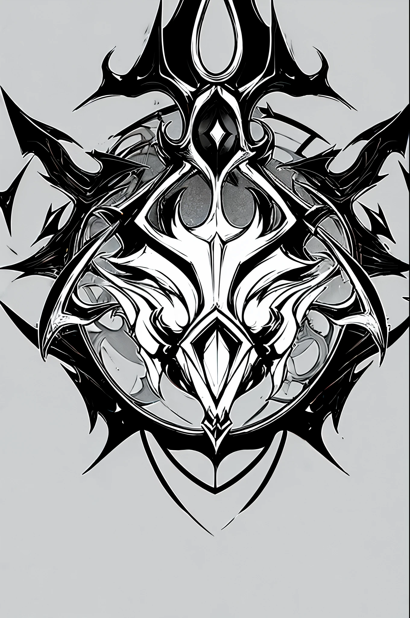 One BlazBlue style coat of arms about a demon, ice, sword, black and white, multiple parts, crest