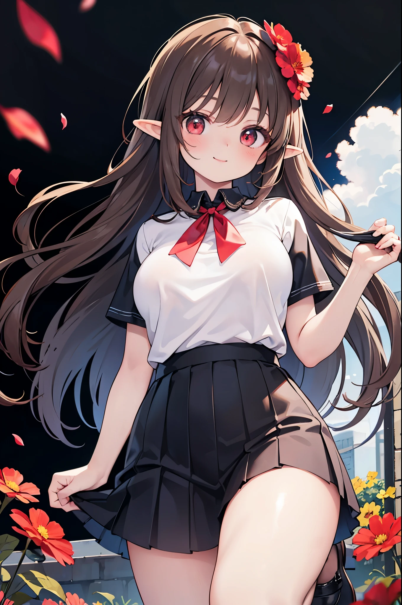 realistic image, coherent image, detailed image, 1 beautiful elf. She has long brown hair, tied up with a comb in the shape of a red flower. Red eyes, long eyelashes. Her face is oval and delicate. smiling. She wears a traditional t-shirt, a pleated mini skirt with lace, and long stockings that cover her legs. She has a curvy body, medium breasts and thick thighs. kneeling view from below. view from her thighs. surrounded by clothing fabrics, flower petals falling around. black background, uniform background,